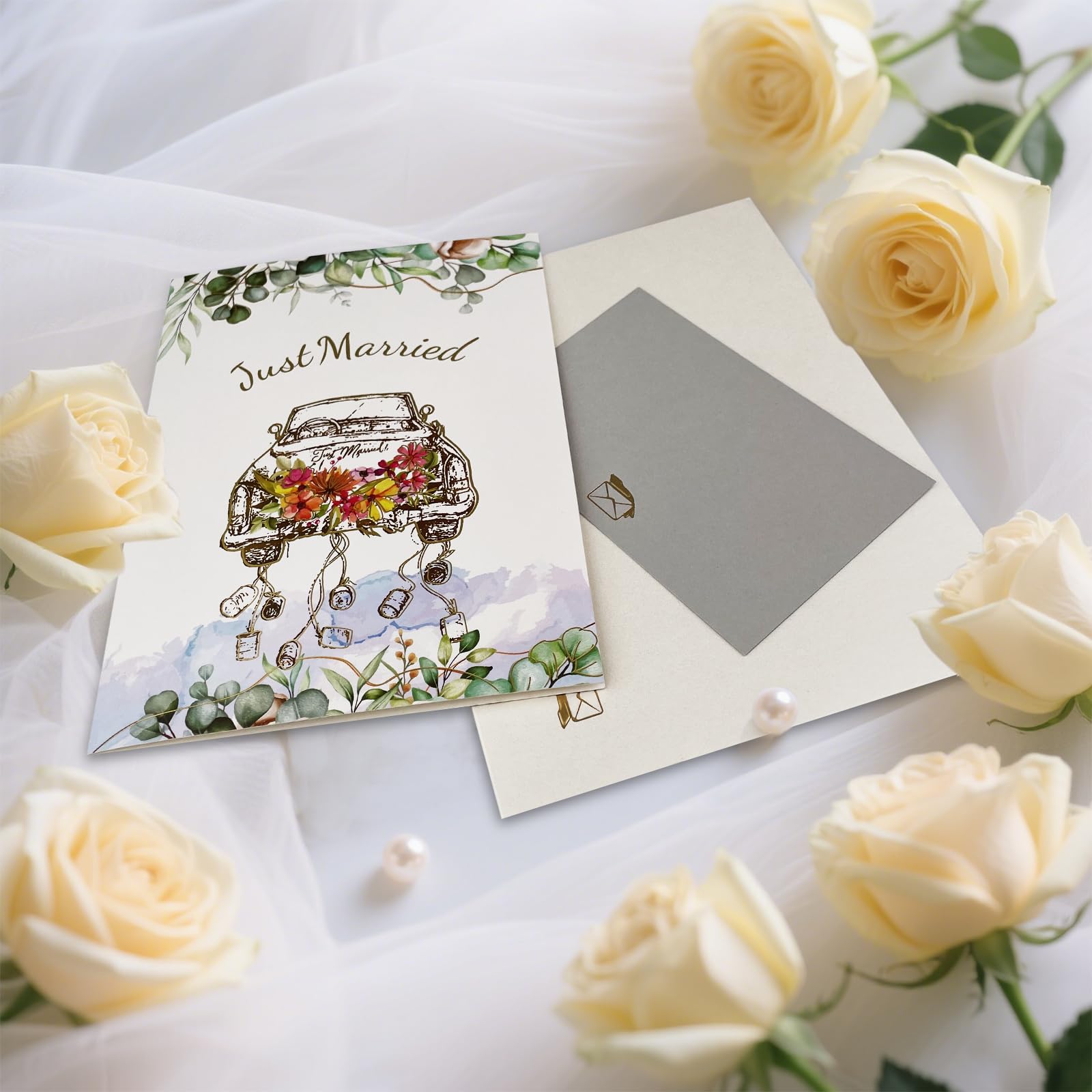 Elegante Biglietto Pop-Up 3D con Auto Just Married per Matrimonio, Regalo in Denaro per Viaggio di Nozze