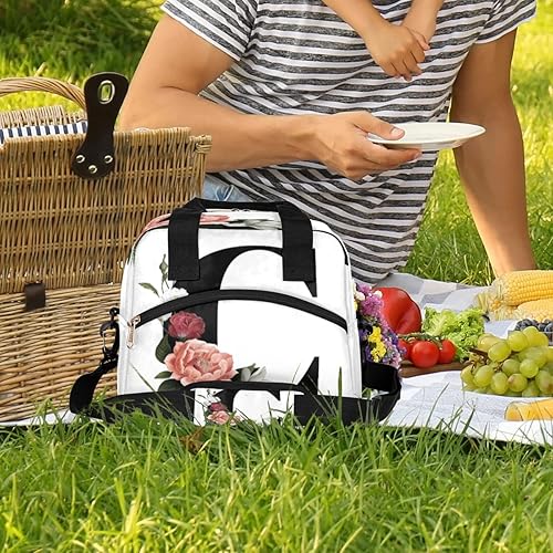 Miniatura 2 de Bolsa de almuerzo aislada para mujeres y hombres, diseño floral con letra C, grande, reutilizable, a prueba de fugas, bolsa de almuerzo con correa