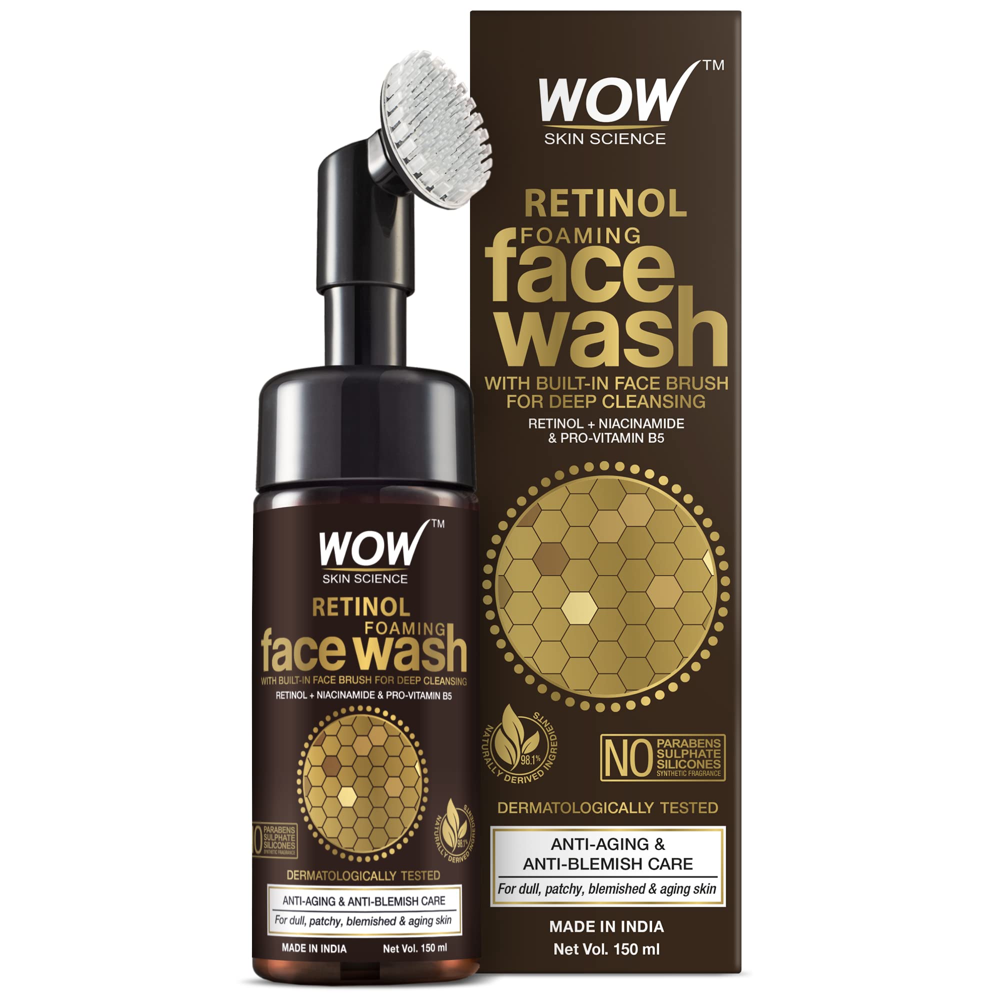 WOW Skin Science Retinol Yüz Temizleme Köpüğü ve Dahili Fırça-İnce Çizgiler, Lekeler Bakım Yüzde Doksan Sekiz, Bir Doğal İçerik Vegan 150ml