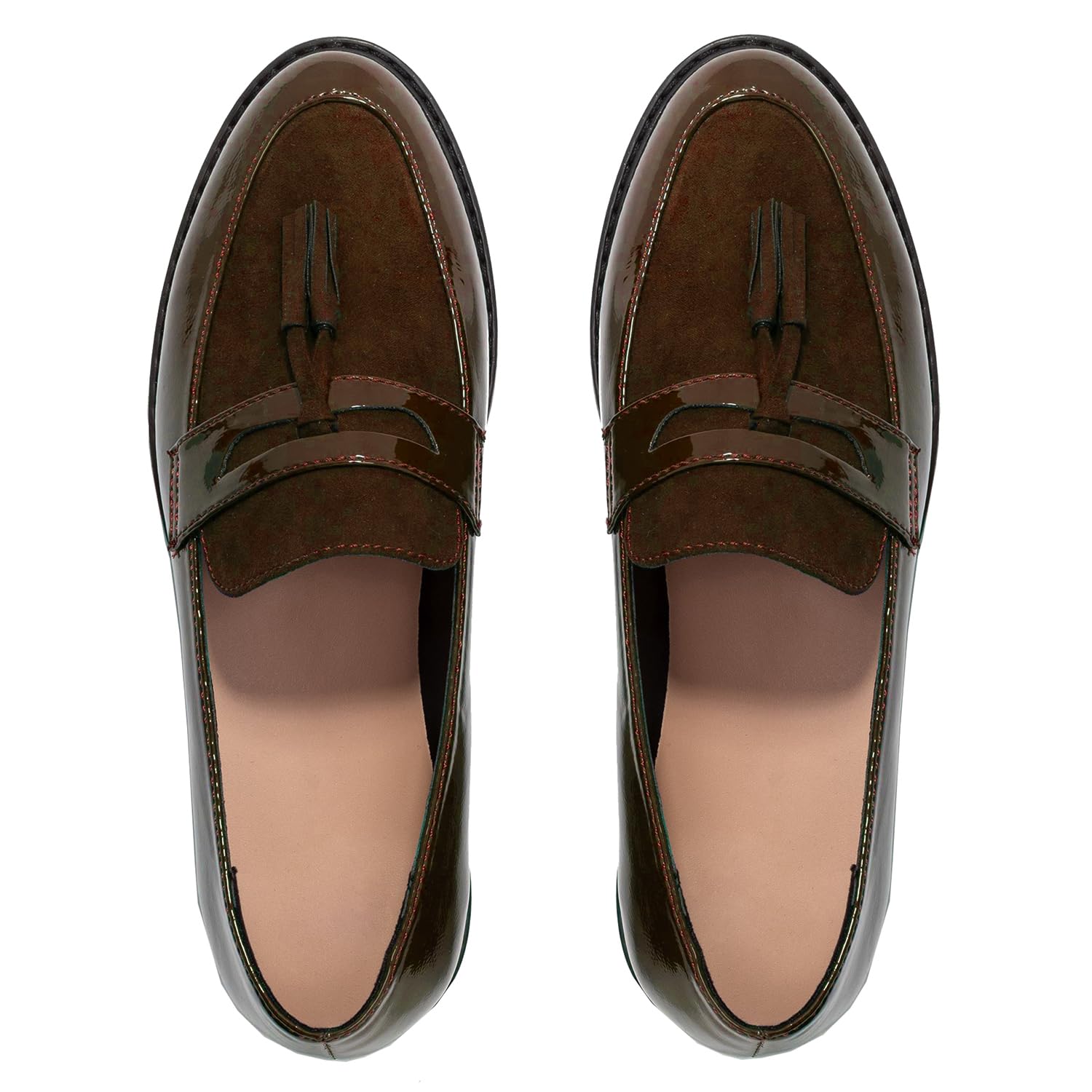 Dystralix Women Low Chunky Heel Loafer Shoes Tassel Round Toe Slip On Dress Loafers Fringe 1" Block Low Heel Dress Loafers Patent Suede Penny Loafers