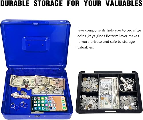 Miniatura 5 de Caja de efectivo de acero con cerradura de combinación, organizador de dinero pequeño de metal con bandeja de dinero extraíble, caja de