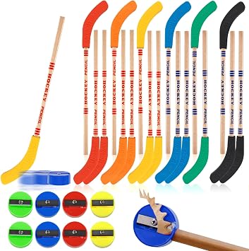 18pcs Hockey Pencils with Erasers, Colorful Hockey Sticks Pencil with 8 Round Manual Pencil Sharpeners, Bulk Pencil for Students Fans Sports Hockey Favors Gifts