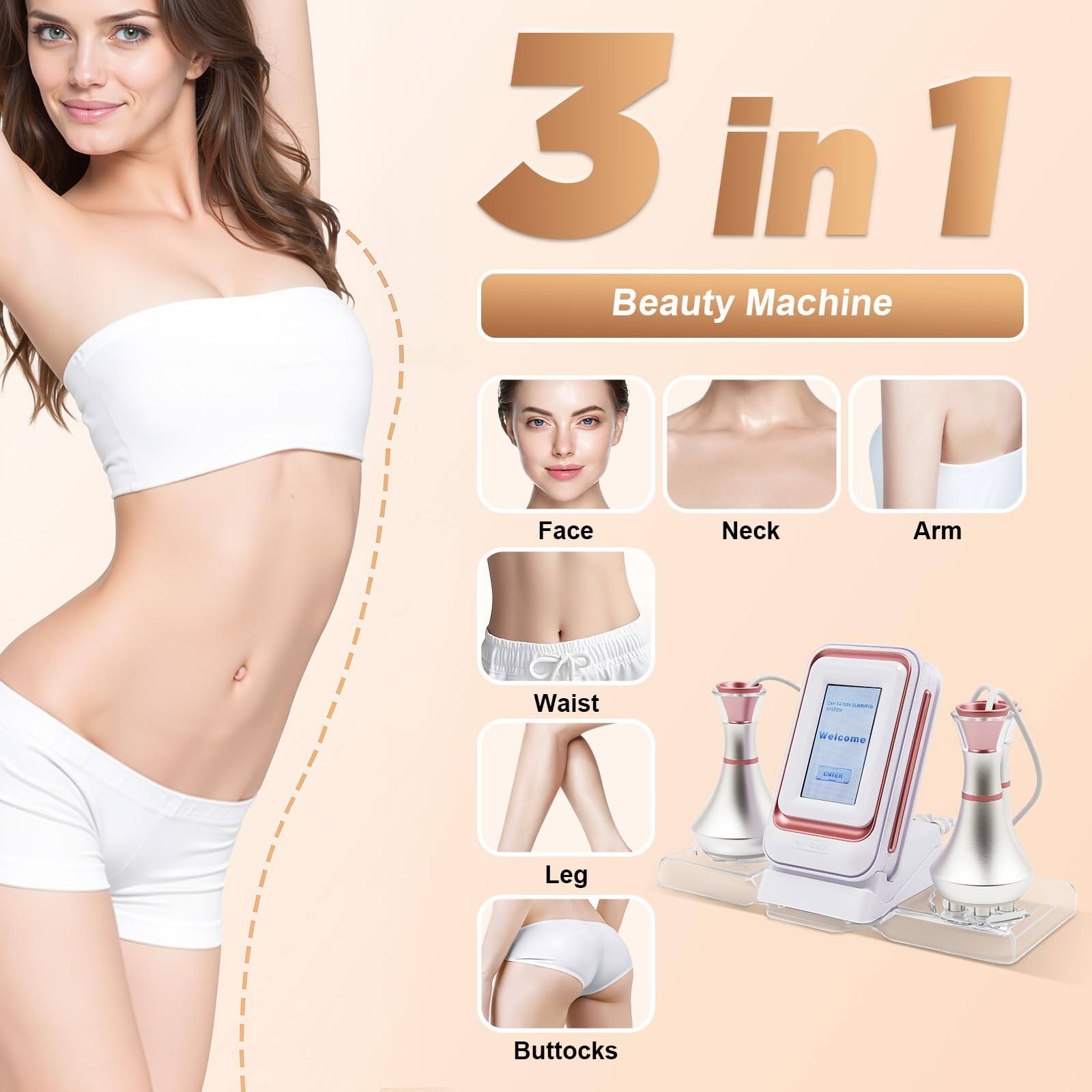 Dispositivo radiofrequenza RF 3 in 1 professionale contro cellulite e grasso, modellatura del corpo e tonificazione della pelle per viso e corpo, con 3 inserti + funzione di raffreddamento