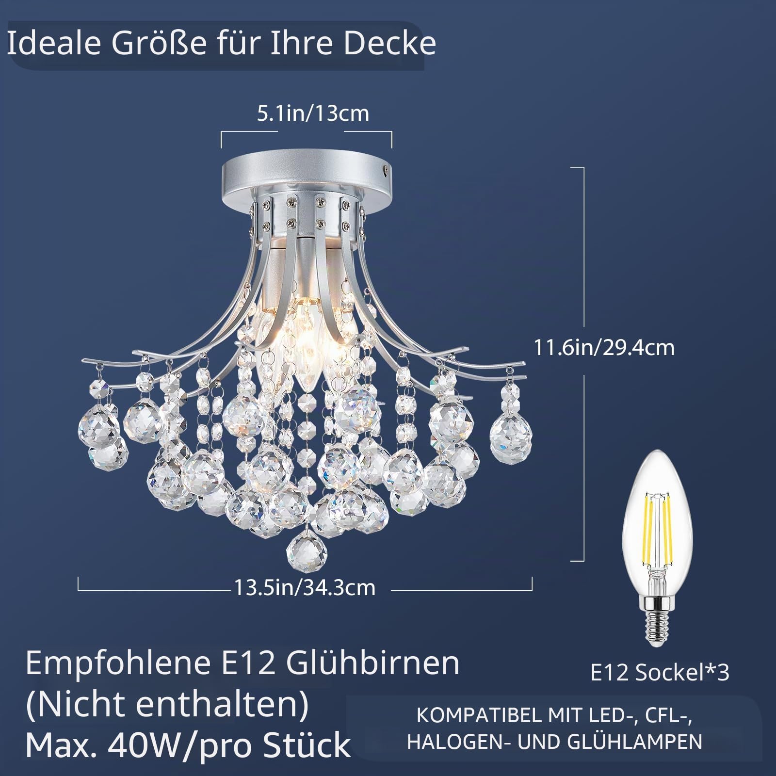 BESTIER Moderne Silber Kristall Halbbündig Mount Kronleuchter Beleuchtung Deckenleuchte Lampe für Esszimmer Bad Schlafzimmer Wohnzimmer Wohnzimmer 3 E14 Birnen erforderlich D34cm X H30cm