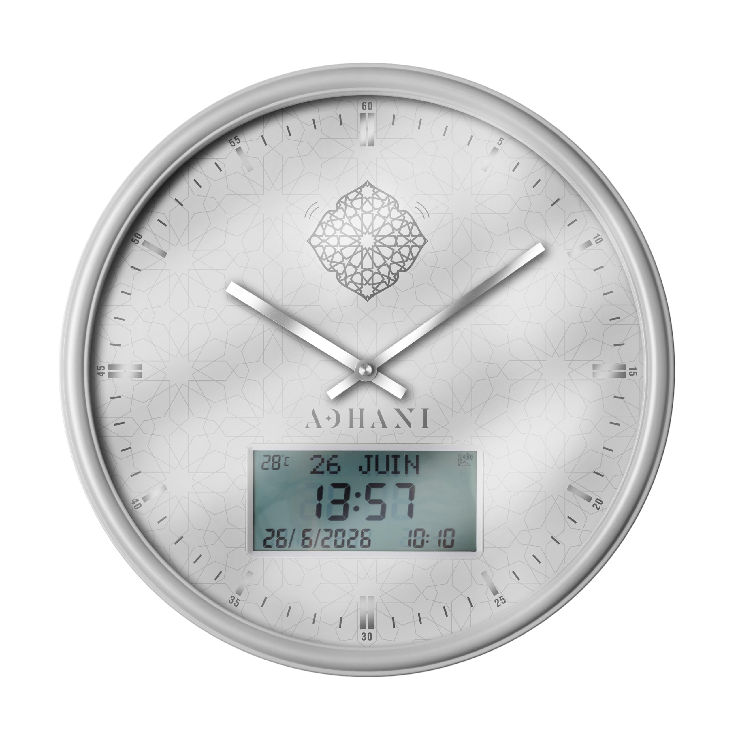 Horloge Adhan Moderne – Appel à la prière Automatique – Chiffres Romains (Noir) (Blanc argenté)