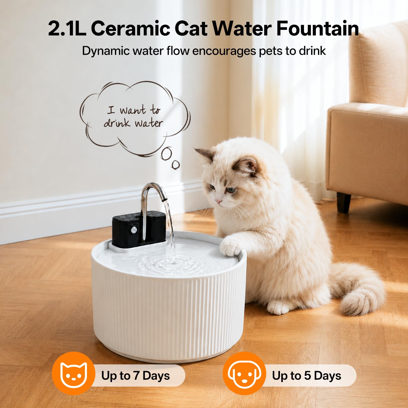 Fuente para gatos inalámbrica de cerámica, 2,2 L, fuente silenciosa para gatos, detector de movimiento, dispensador automático de agua para gatos y perros con sistema de filtro, batería de 4200 mAh