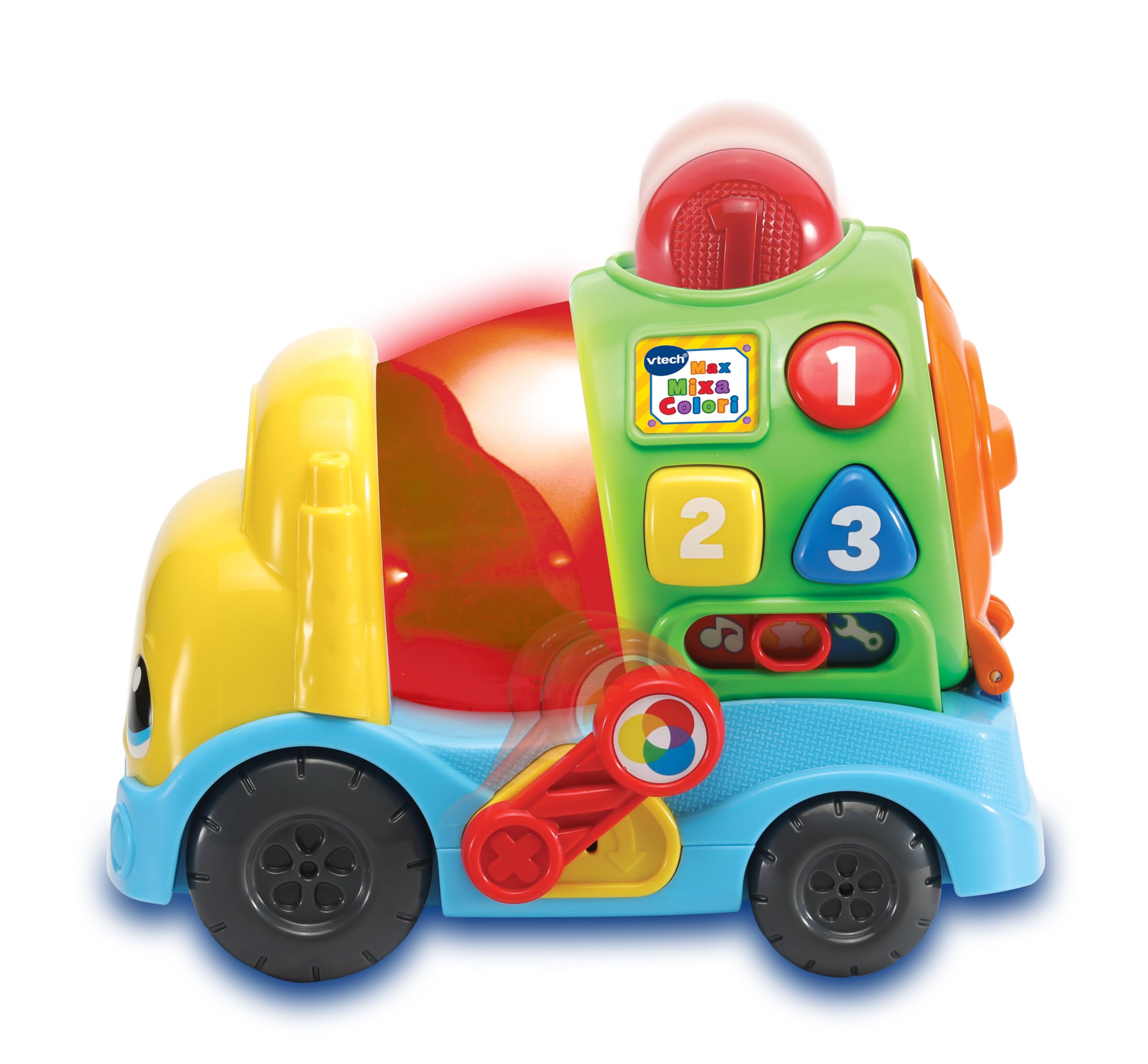VTech Max Mixa Colori, gadająca ciężarówka, 5 melodii, rozpoznawanie i mieszanie kolorów, 3 tryby gry, regulacja głośności, automatyczne wyłączanie, język włoski, baterie w zestawie, 12-36 miesięcy