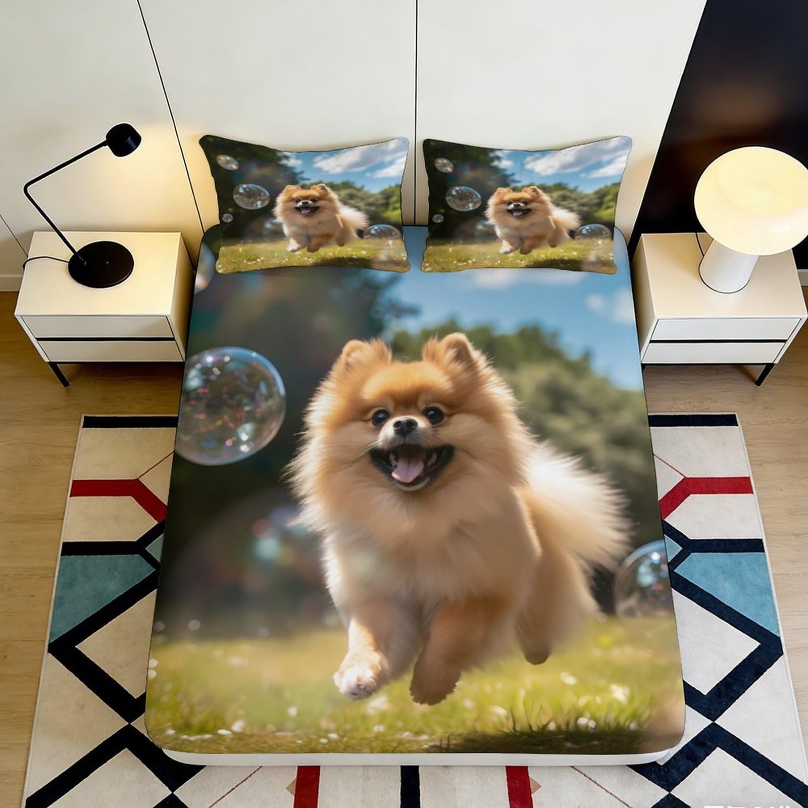 3D Printed Pomeranian Dog Fitted Sheet Microfiber Soft Durable Running Puppy Bed Cover for Bedroom Dormitory Guest Room Mattress Protection Decor 140x200x25cm