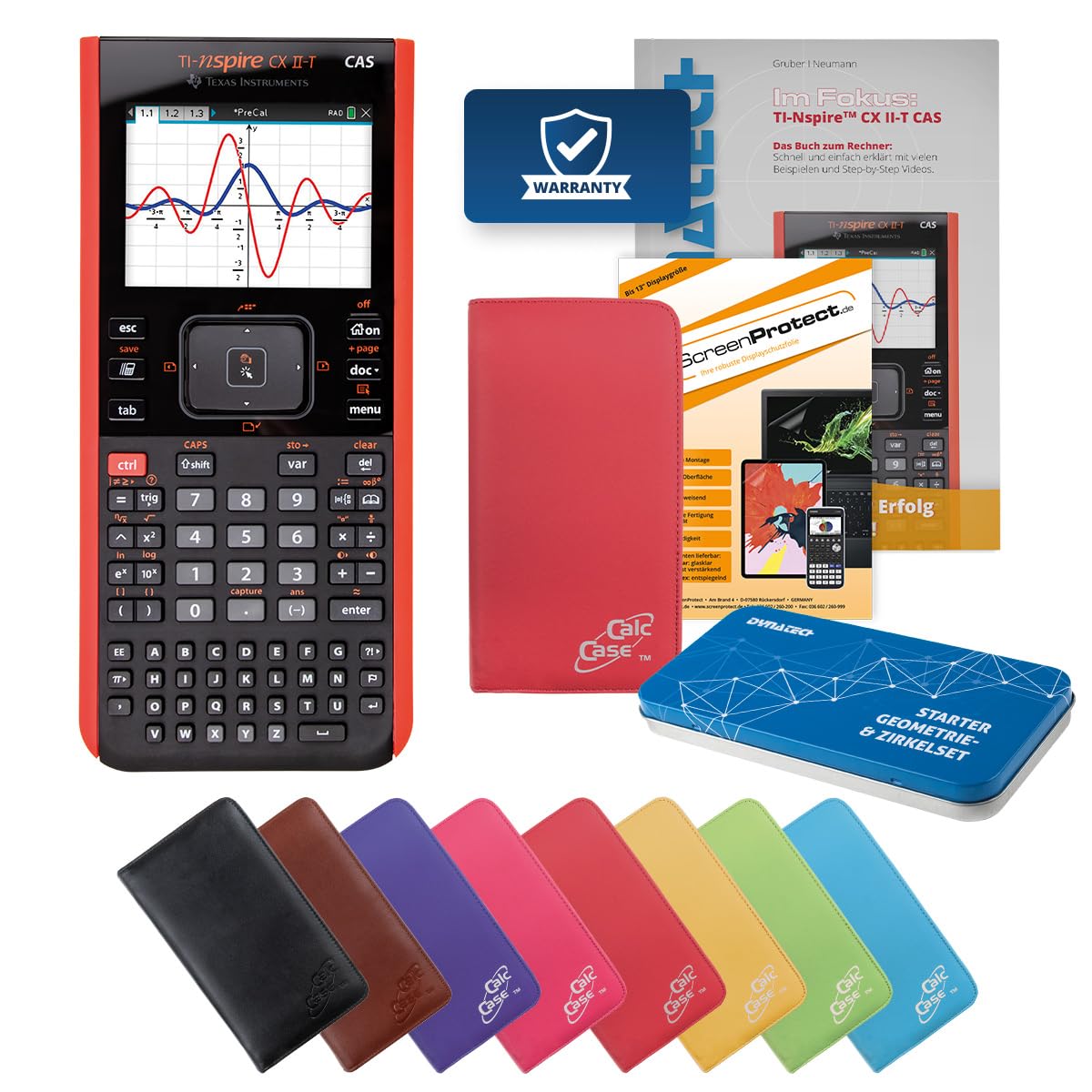 Texas Instruments TI-Nspire CX II-T CAS Grafikrechner – farbiges Display, Press-to-Test, für Sek II & Abitur, inkl. Schutztasche, Arbeitsbuch, Schutzfolie & Geometrie-Set (Rot)