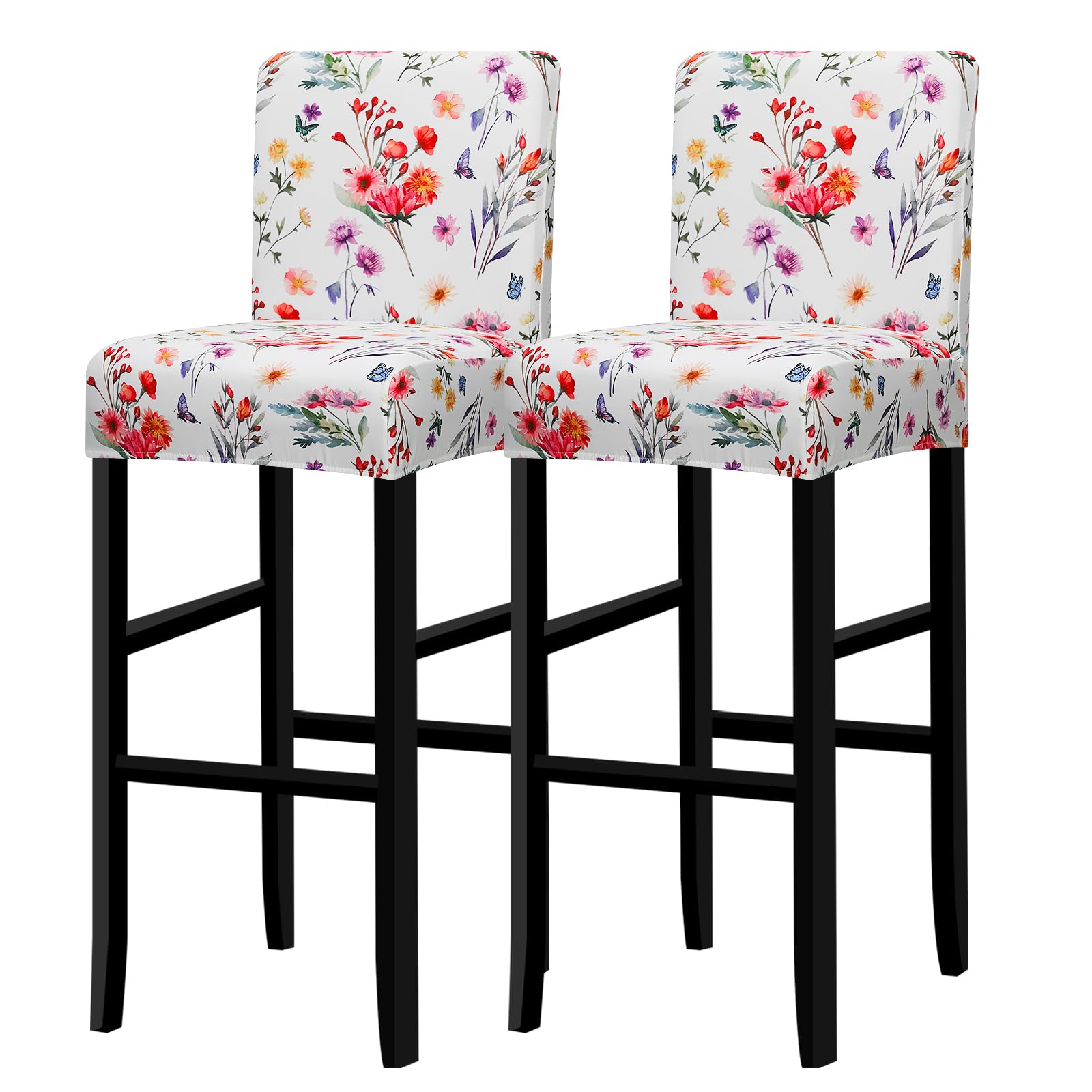 Lellen Floral Bar Stool Covers Set of 2- Spring Bar Stool Chair Cover with Backs,Barstool Covers Slipcovers,Stretch Barstool Seat Covers,Chair Protector Covers for Kitchen Dining Room Counter Island
