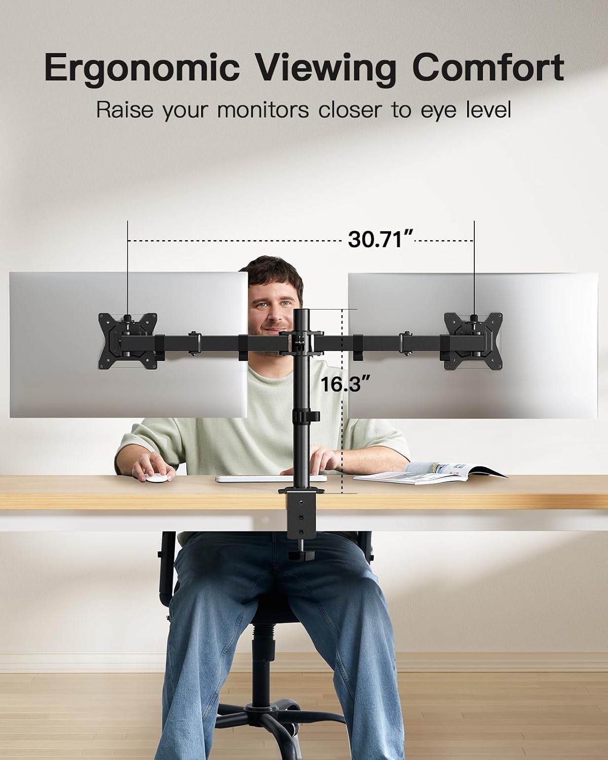 HUANUO Dual Monitor Mount for 2 Monitors up to 30 inches, Heavy Duty Dual Monitor Stand Holds up to 22 lbs, Dual Monitor Arm with Height Adjustable Tilt Swive Rotate, VESA Hole 75mm or 100mm - 5