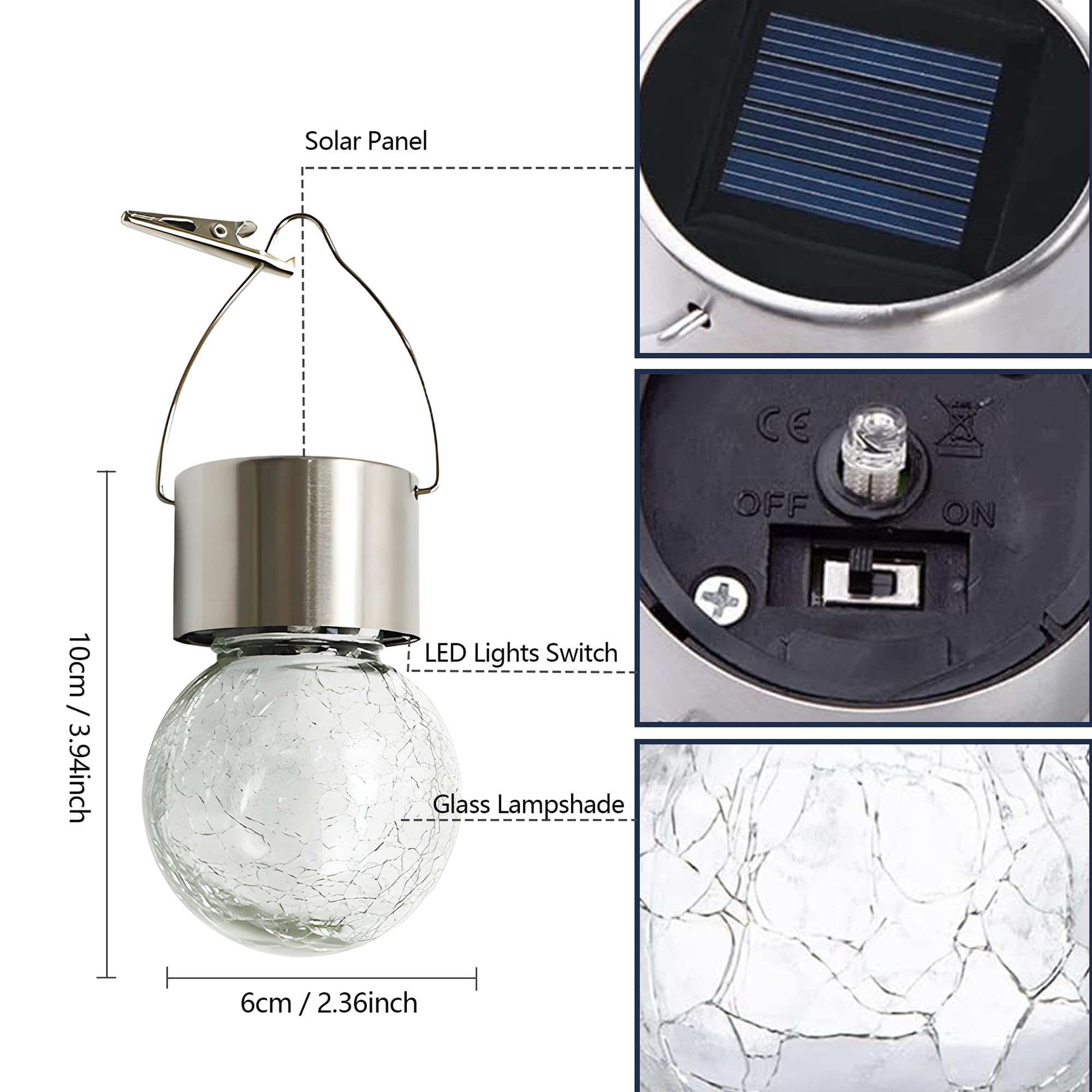 Lanterne solari per esterni, luci a sfera a energia solare, impermeabili, decorative, in vetro incrinato, ornamenti per pastore, gancio, albero, ombrello, recinzione, giardino, cortile, decorazione