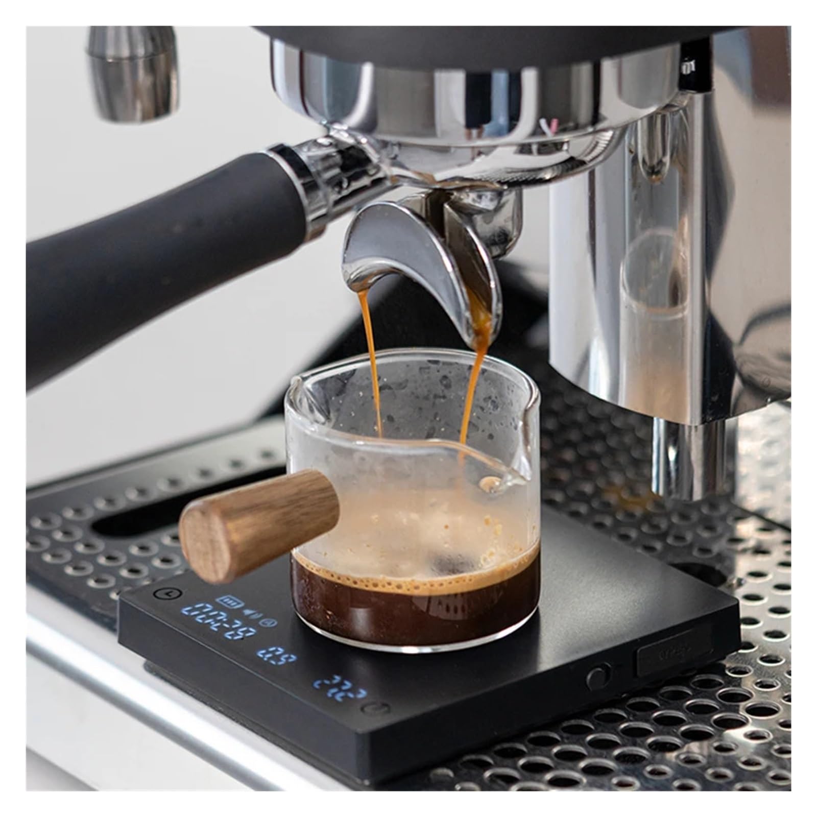 Bascula de Cocina, Mini báscula for espresso con filtro de espejo negro, caudal de preparación y almohadilla de aislamiento térmico.