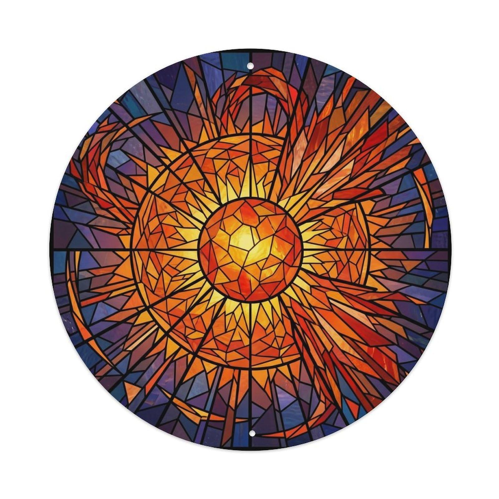 Sun Stained Glass Solar Orbit Cosmic Galaxy Nebula Space Metal Tin Sign Plaque Wall Decor for Cafe, Man Cave, Club Bar, Office, Home Garden Round Metal Poster 8x8Inch