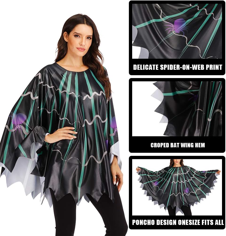 ReneeCho Women’s Web Poncho Bat Vampire Halloween Costume Adults Spider Black Cosplay Dress up Cape Plus Size - Image 4