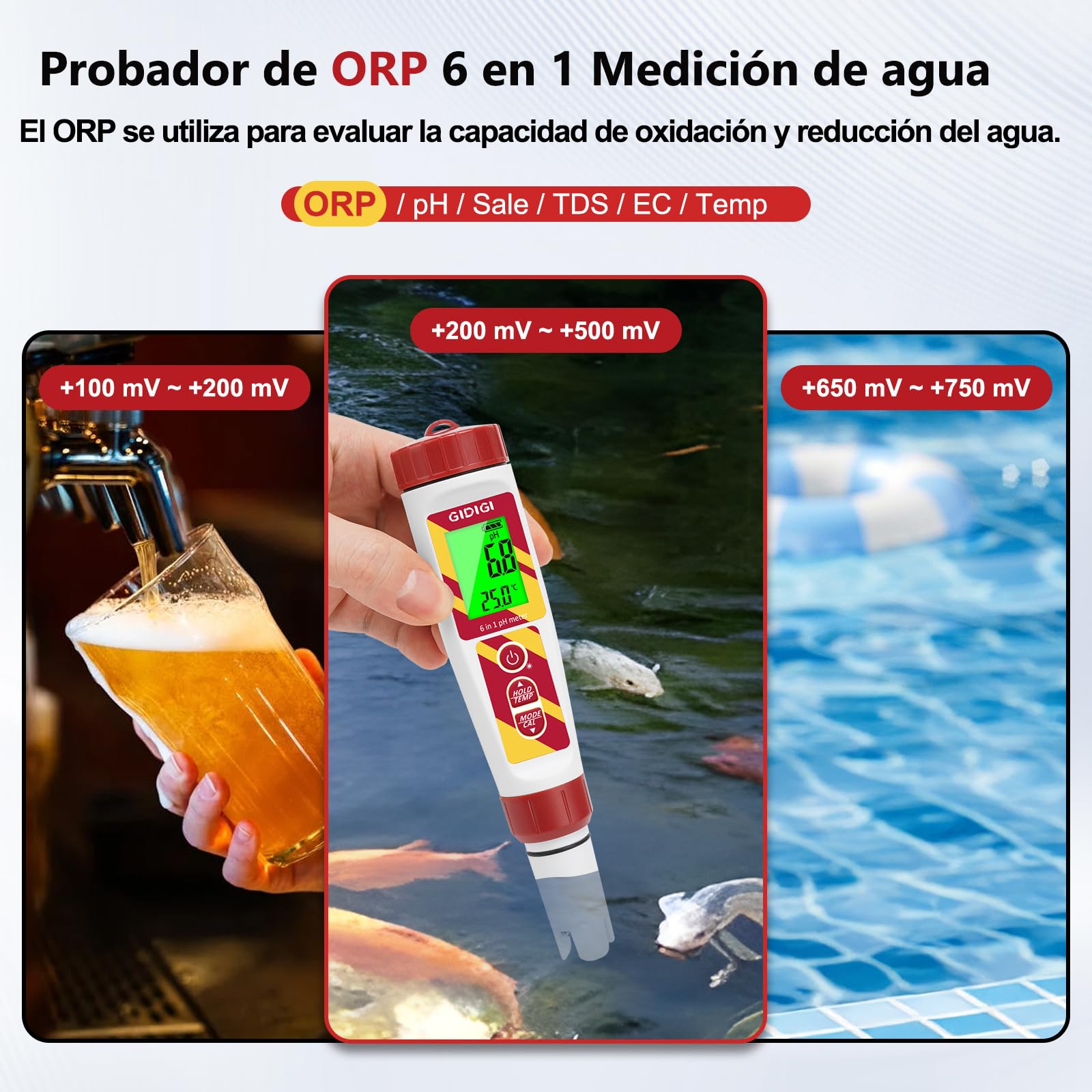 Comprobador digital de calidad del agua 6 en 1 para piscinas e hidropónicos, pH/ORP/TDS/EC/salinidad/TEMP con solución de calibración ORP, Medidor pH ORP para acuarios, agua potable, cerveza
