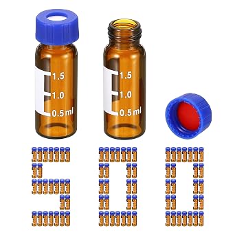 PATIKIL 2ml Autosampler Vial, 500 Pack HPLC/GC Vials 9-425 Lab Amber Vials Sample Vial Screw Cap Writing Patch Red PTFE & White Silicone Septa for LC Stamper