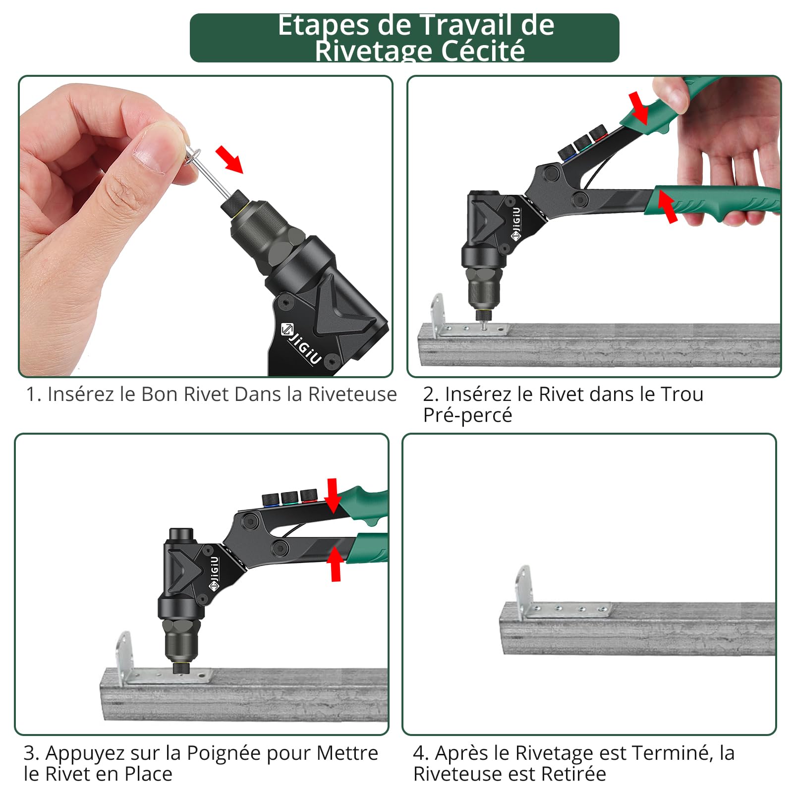JiGiU Pince à Insert Fileté 3 en 1 avec Tête Pivotante à 360° | Pistolet à Écrou Professionnelles, avec 4 Tête de Rivet Mandrins Métriques et 2 Mandrins d'Alésage, 40 Rivets et 40 Écrous