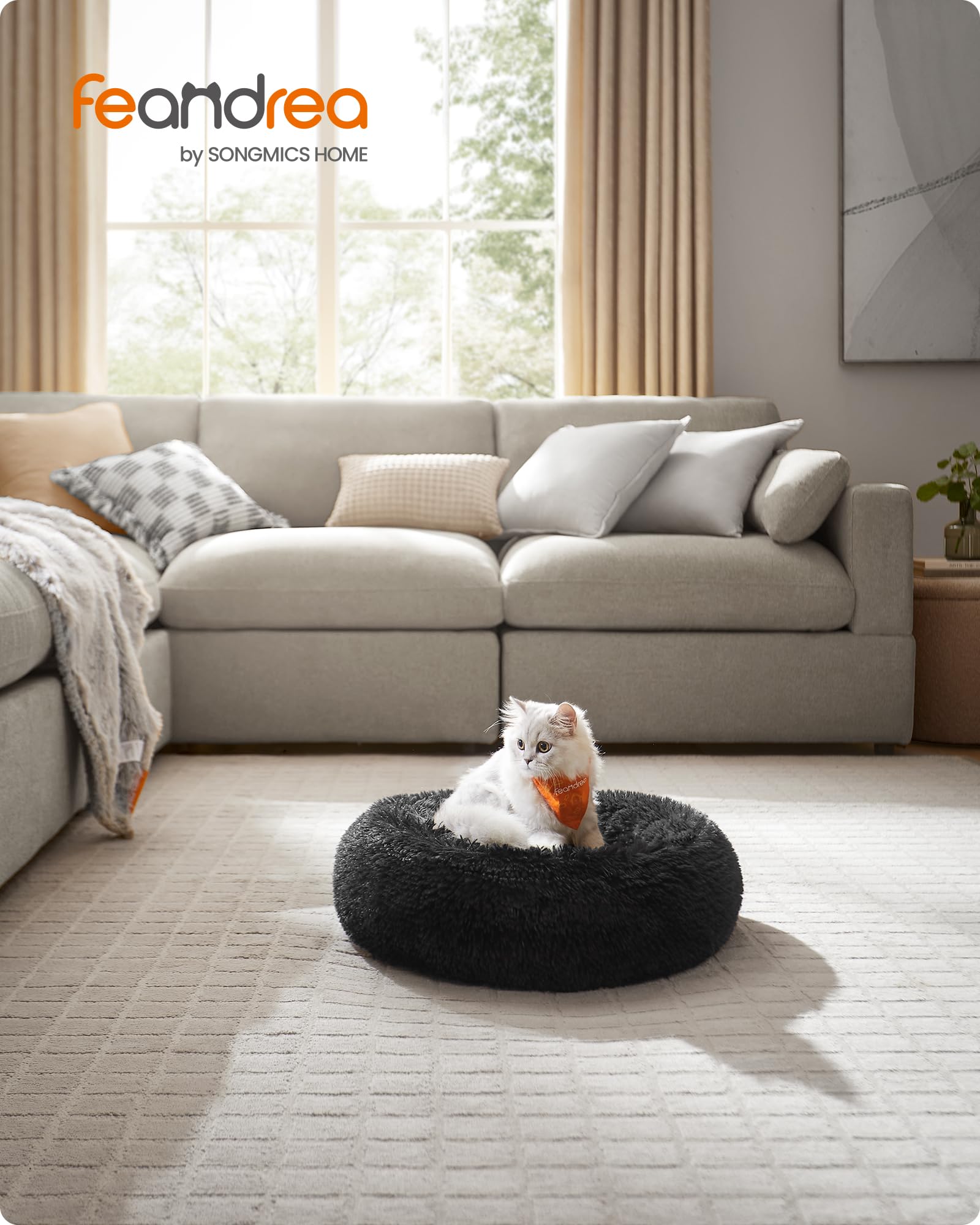 Feandrea Cuccia Cane Interno, Cuccia per Cani, Lettino per Animali Domestici a Ciambella, Cuscino Sfoderabile e Lavabile, Tappeto di Peluche, Diametro 50 cm, Nero Inchiostro PGW037B01