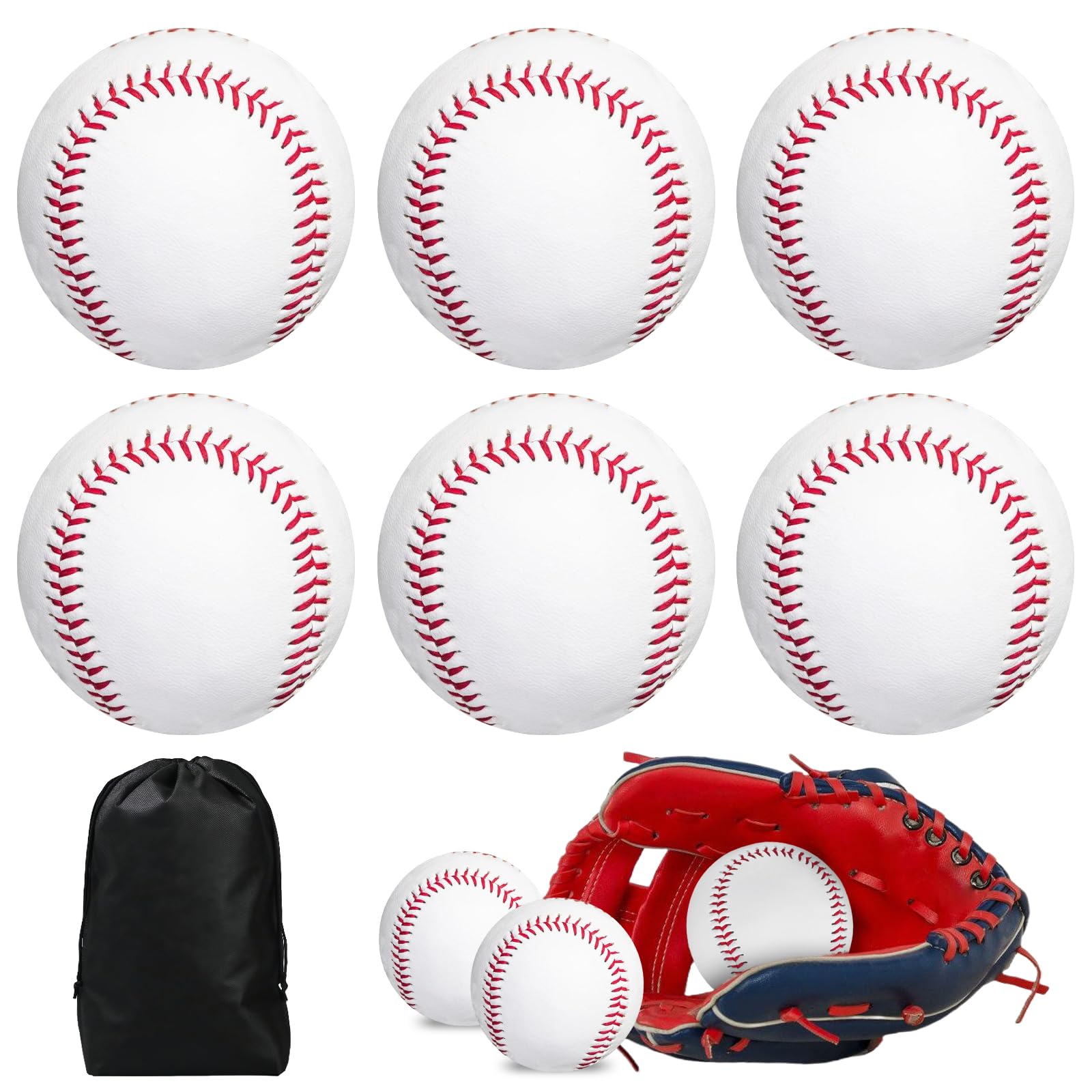 Palline da baseball professionali 9 pollici: 6 pezzi da baseball cucite a mano con sacchetto con coulisse, in legno duro/gomma morbida per adulti, allenamento giovanile, giochi professionali da
