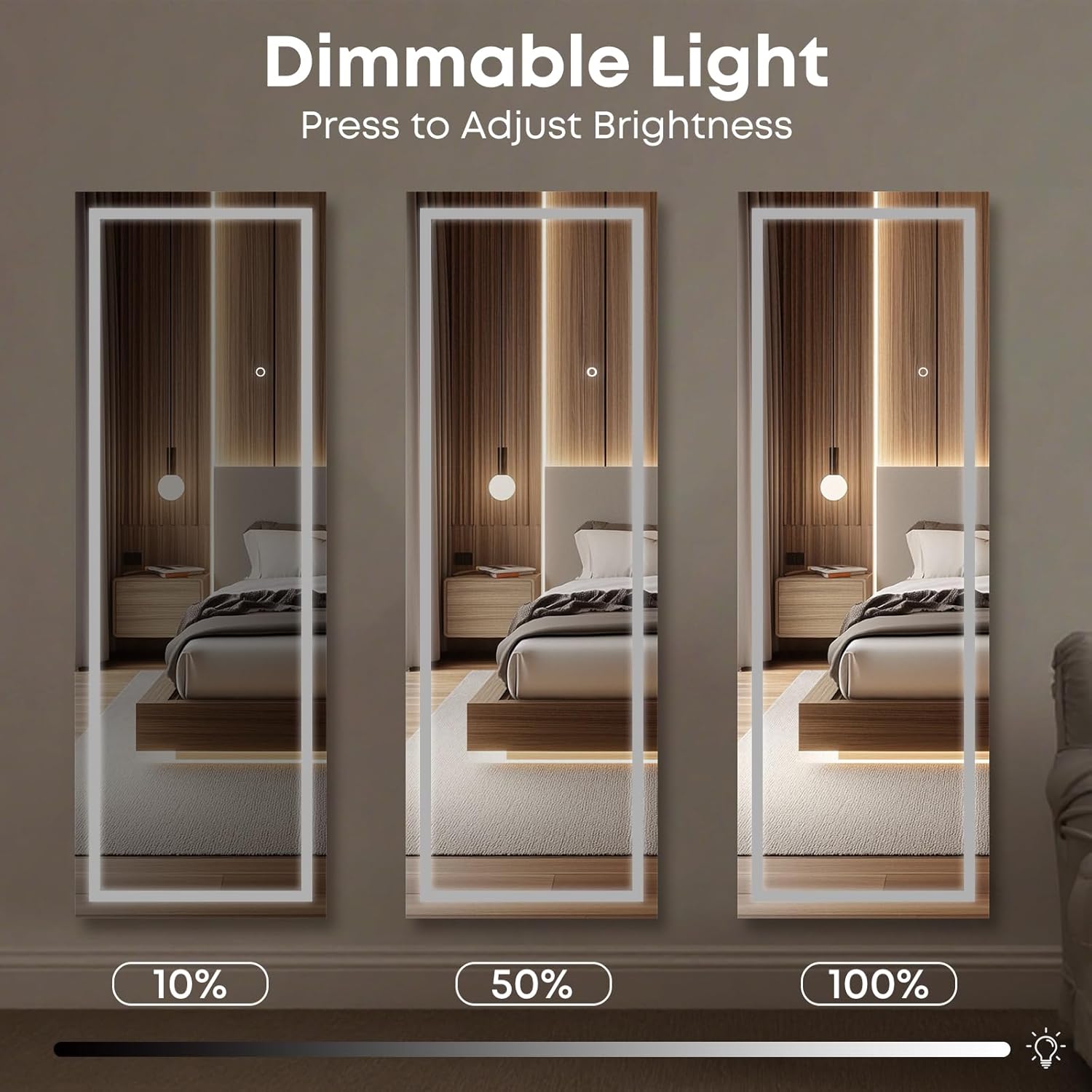 64" x 21" Full Length LED Floor Mirror - Big Wall/Standing Mirror with Lights, Dimmable Touch Screen & Adjustable Color (White/Warm Light), Full Body Mirror for Bedroom, Dressing Room, Vanity, Makeup