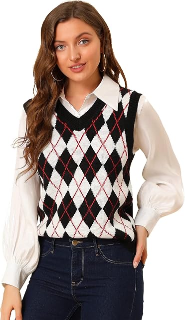 Allegra K Women's Plaid Check Knit Argyle Sweater Sleeveless Vest