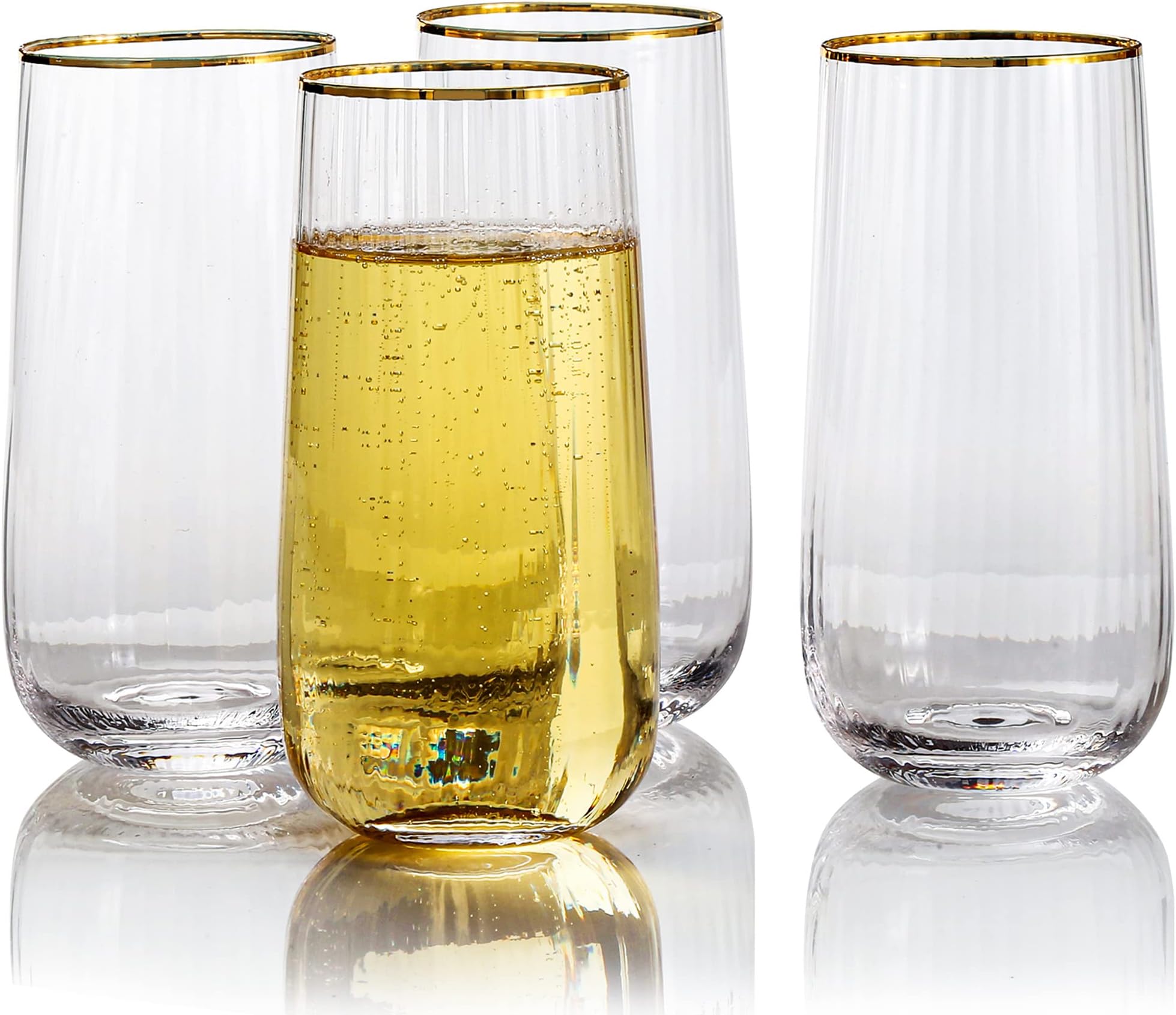 Lysenn Stemless Wine Glasses Set of 4 - Premium Hand Blown Drinking Glasses for Bubbly Wine & Champagne - Elegant Vertical Stripe and Gold Rim Champagne Flutes – Clear 17oz