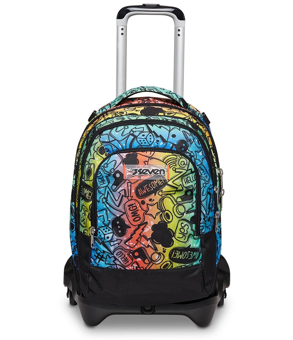 Seven Trolley Scuola JACK 3 RUOTE DETACH -FLUO STAMP, Multicolore -Zaino Uso 3in1 -Tasca frontale -CrossOver System -Tasca Porta Borraccia -Maxi ruote, Zaino Scuola, Trolley Viaggio Bambino