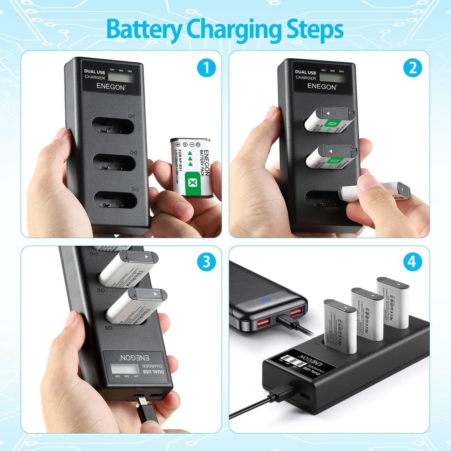ENEGON NP-BX1 Lot de 3 Batteries 1300 mAh et Chargeur LCD pour Sony NP-BX1 et Sony ZV-1, Cyber-Shot DSC-RX100, DSC-RX100 II/III/M4/M5/M6/M7////VA, DSC-RX100M II, HDR-CX44