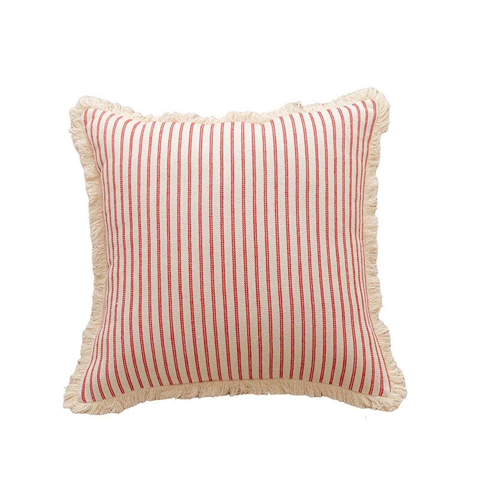 AXCTYSFP Decorative Linen Striped FringeThrow Pillow Covers Cozy Farmhouse Boho,Red,50 * 50cm