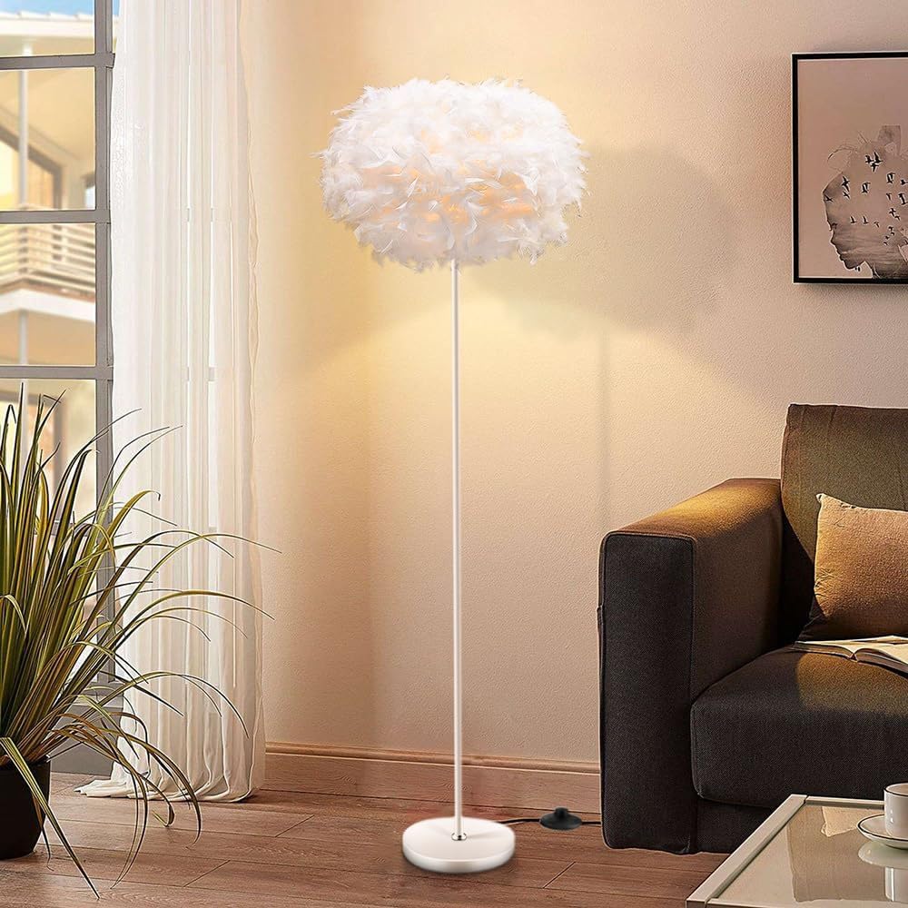 XINYASEE Lampara de Pie Salon 140CM, Lámpara de Pie con Interruptor de Pedal, Lámparas de Pie con Pantalla de Plumas para Dormitorio Salon Oficina Blanco