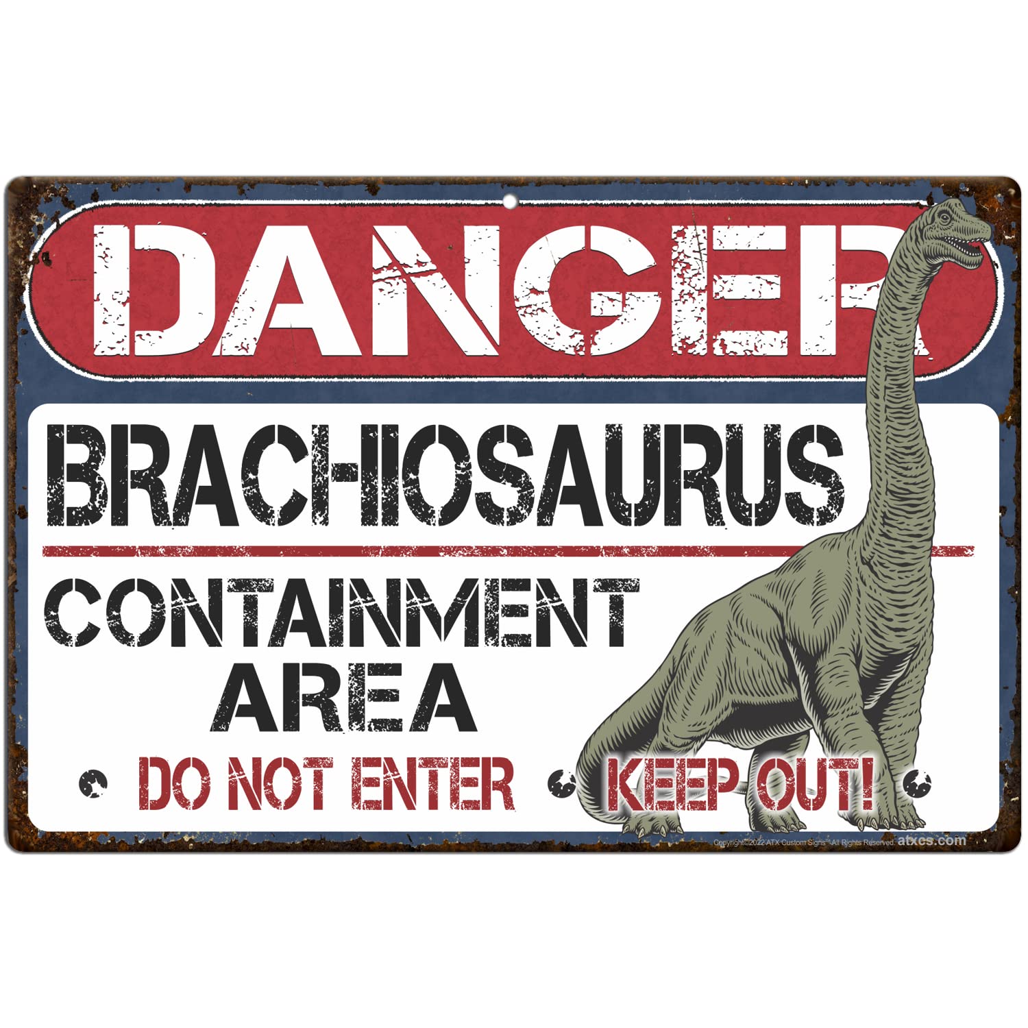 ATX CUSTOM SIGNS - Dinosaur Danger Brachiosaurus Sign. Keep Out, Do Not Enter 8x12 Sign for Kids Rooms