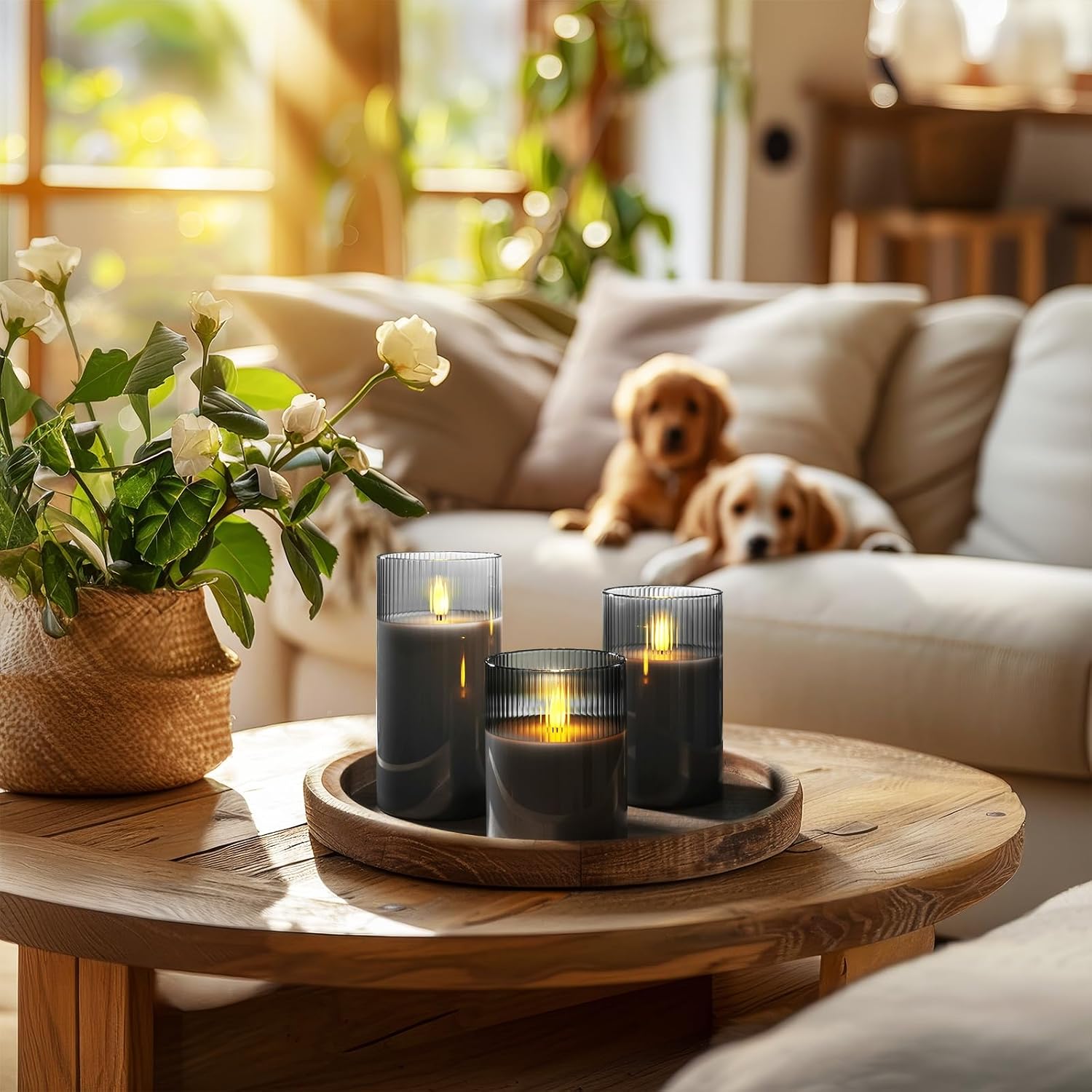 Amagic Grey Ribbed Glass Flameless Electric LED Candles with Remote Timer image 4
