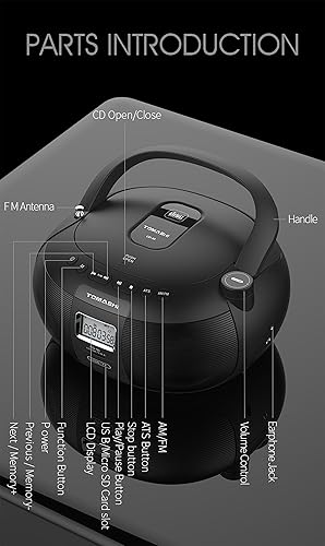 Miniatura 6 de Reproductor de CD CD-50 Boombox en Reproductor de CD portátil negro | Sonido estéreo | Pantalla LCD | Unidad de tarjeta USB/TF compatible | Conector