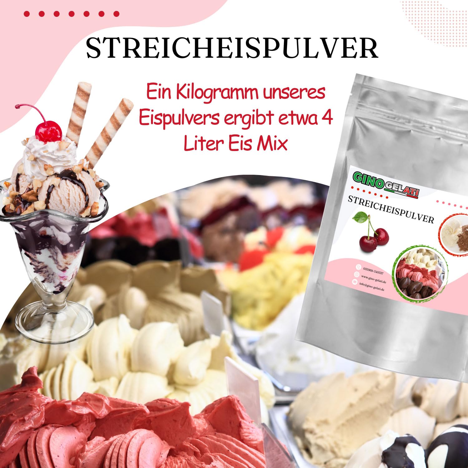 Gino Gelati Steicheis Pulver mit verschiedenen Schokoladen Geschmäckern, Made in Germany, schnelle und einfache Zubereitung, Schokoladen Eismix für Zuhause (100 Kg, Tiramisu)