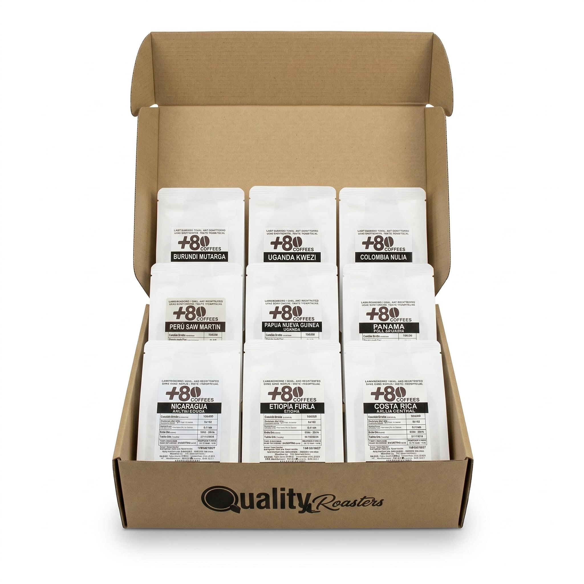 +80 Coffees by Quality Roasters Pack de 10 Paquetes de 100gr, 10 Orígenes, 100% Café Arábica de Especialidad, Puntuación SCA Superior a 80 Puntos, Tostado Artesanalmente, Tueste Medio, Grano Entero
