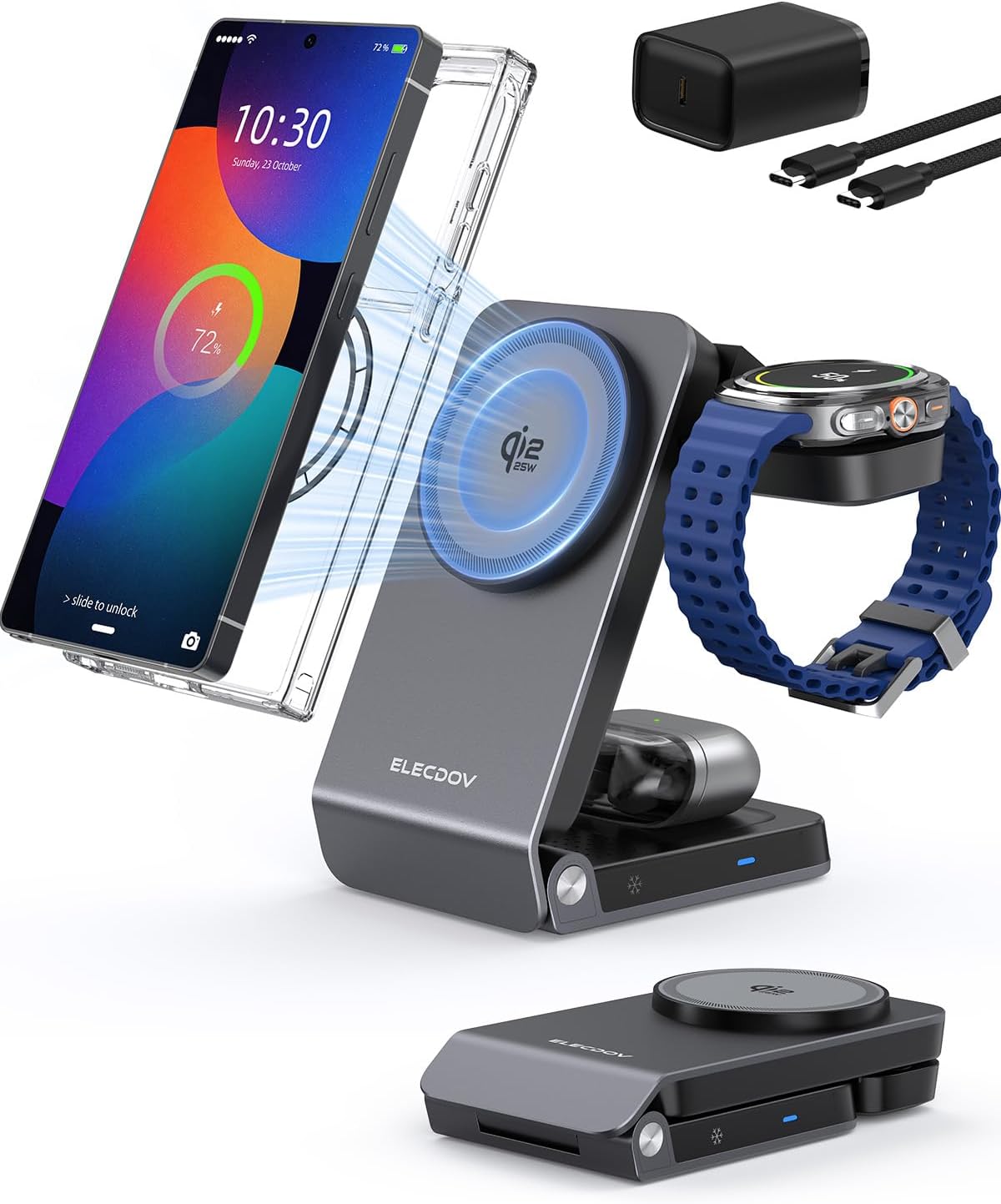 Wireless Charger for Samsung – 25W Magnetic Charger with Active Cooling & 45W Adapter, 3 in 1 Foldable Charging Station for Samsung Galaxy S26 Ultra, Galaxy Watch 8 & Buds4, for Android Devices