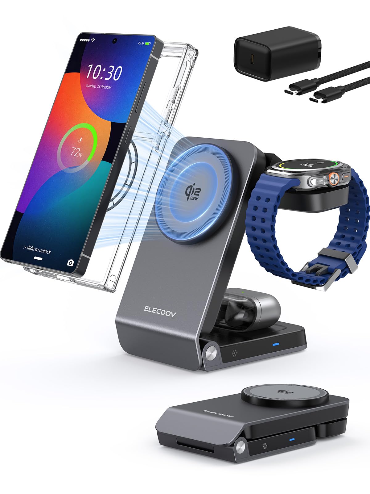 Cargador Inalámbrico para Samsung Cargador Magnético con Refrigeración Activa, Estación de Carga Plegable 3 en 1 para Samsung Galaxy S26 Ultra, Galaxy Watch 8 y Buds 4, para Dispositivos Android