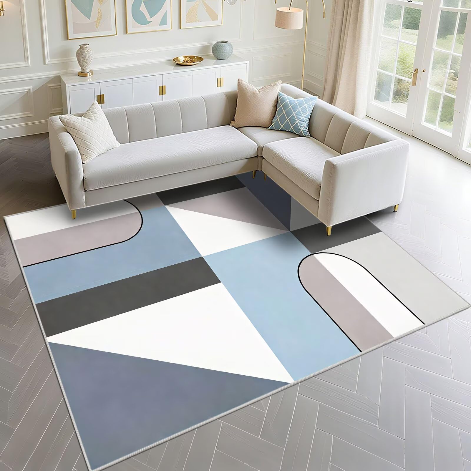 Tapis d'entrée géométrique moderne bleu gris pour intérieur élégant