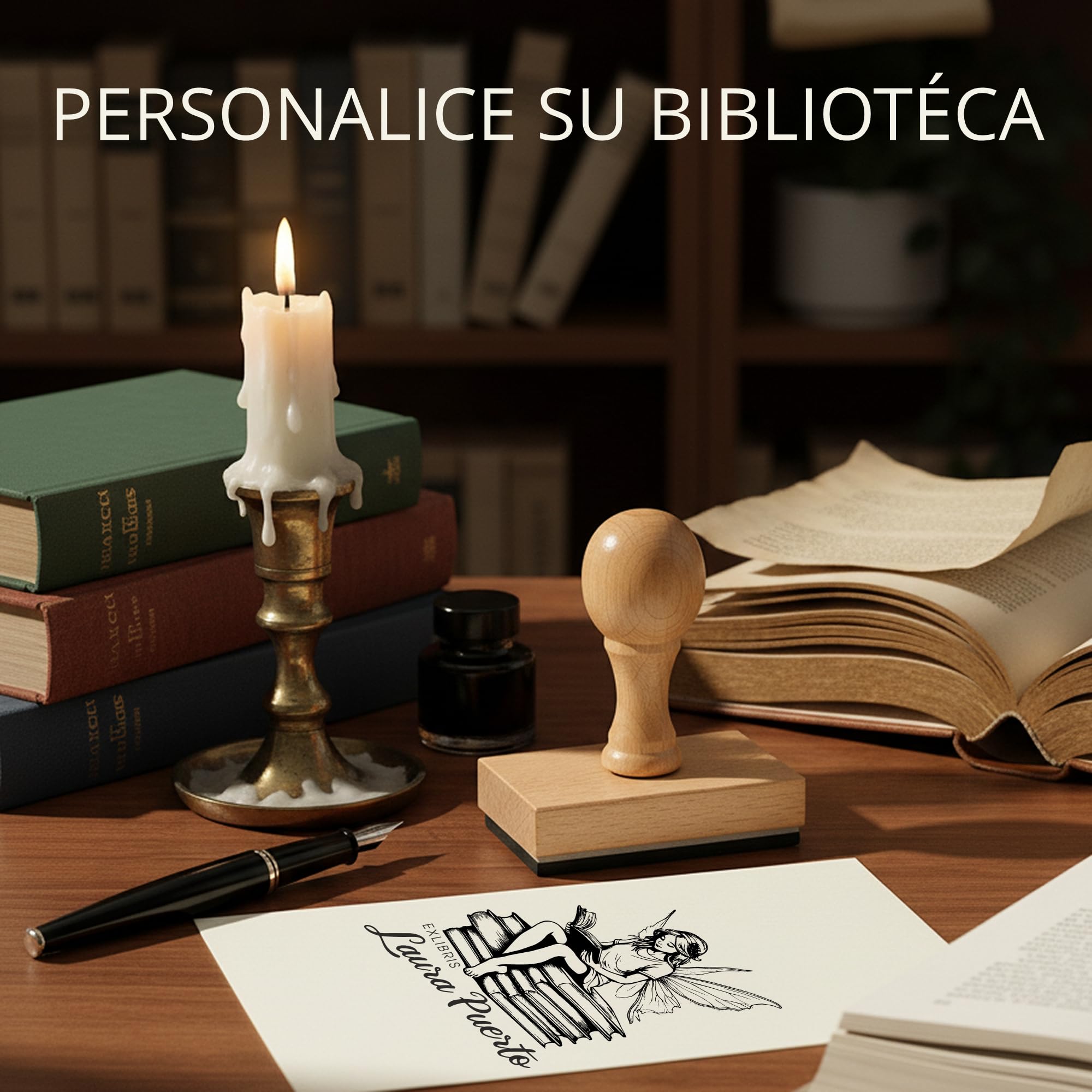 STAMPA | Ex Libris Personalizado Hada Leyendo – Sello para Libros con Nombre | Caucho Grabado Láser + Madera Haya/Caoba | Almohadilla de Tinta Negro/Azul/Rojo/Verde | Caja Regalo