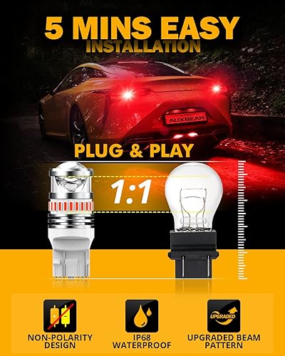 Miniatura 7 de Auxbeam 7443 Bombillas LED rojas 2023 Serie B1 luces traseras 400% más brillantes con proyectores dobles 7440 7441 7444 7444NA T20 Bombillas LED de