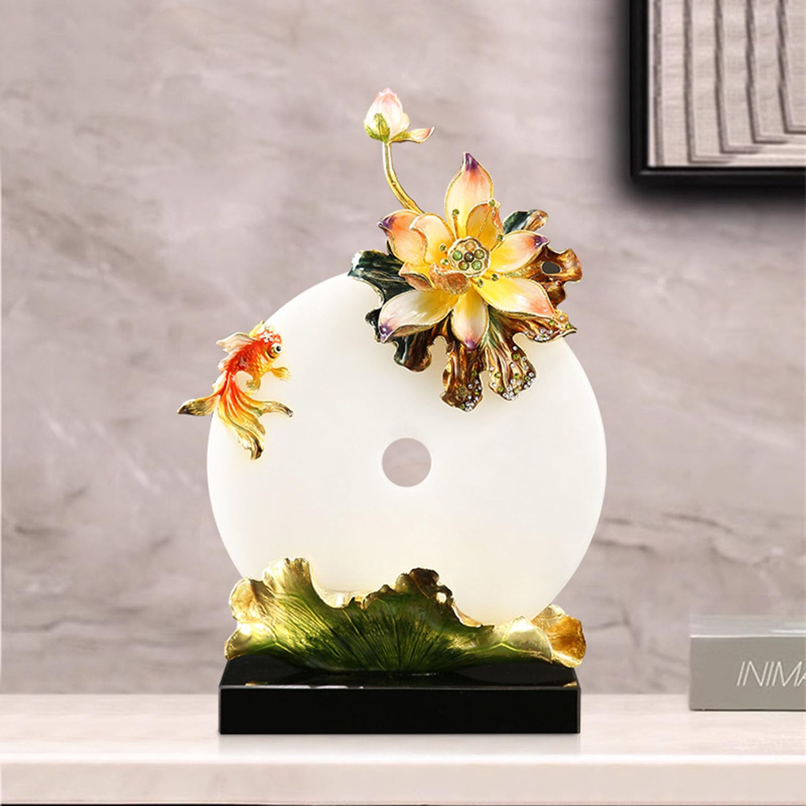 Dysk Jadeit Pi z lotosem Cloisonné - ozdoba bogactwa i pokoju Feng Shui, ręcznie robiony chiński wystrój emalii z kamieniami szlachetnymi na biurko w domu, ołtarz, prezent,26 * 12 * 40CM