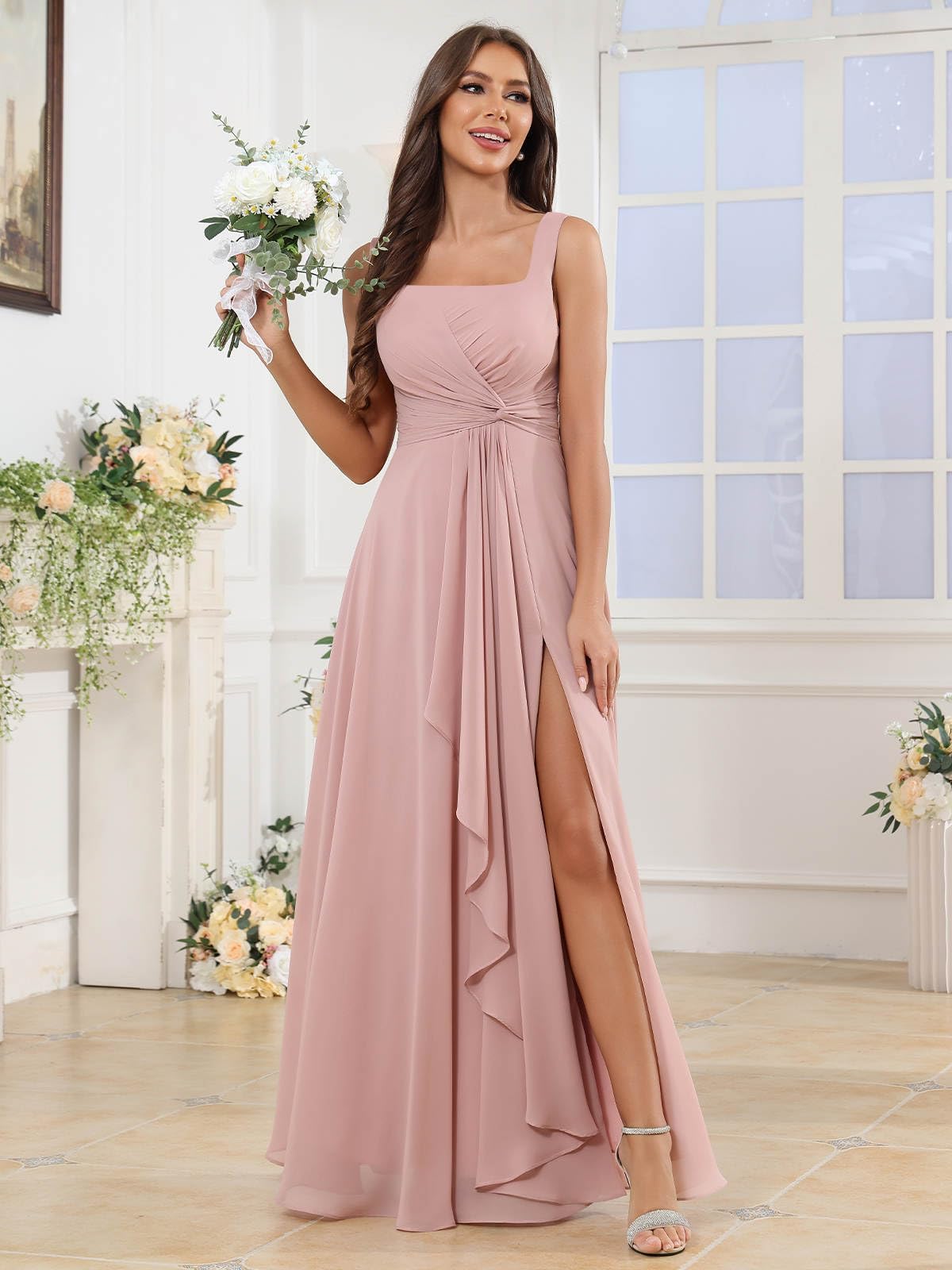 Damen Chiffon Brautjungfernkleider Lang - Quadratischer Ausschnitt Abendkleider Für Hochzeit A Line Plissiert Festlich Elegant Maxi Kleid Mit Taschen