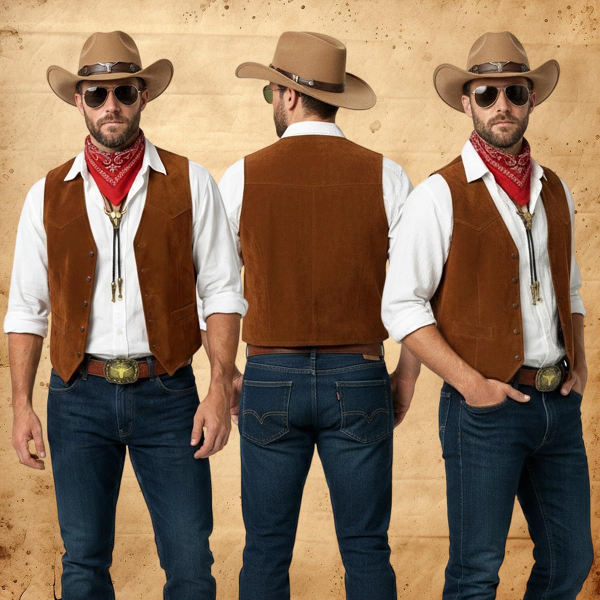 Costume Cowboy Uomo Completo con Gilet Cappello Occhiali da Sole Collana Bracciale e Bandana per Festa a Tema Western Vestito Carnevale Hippie Halloween