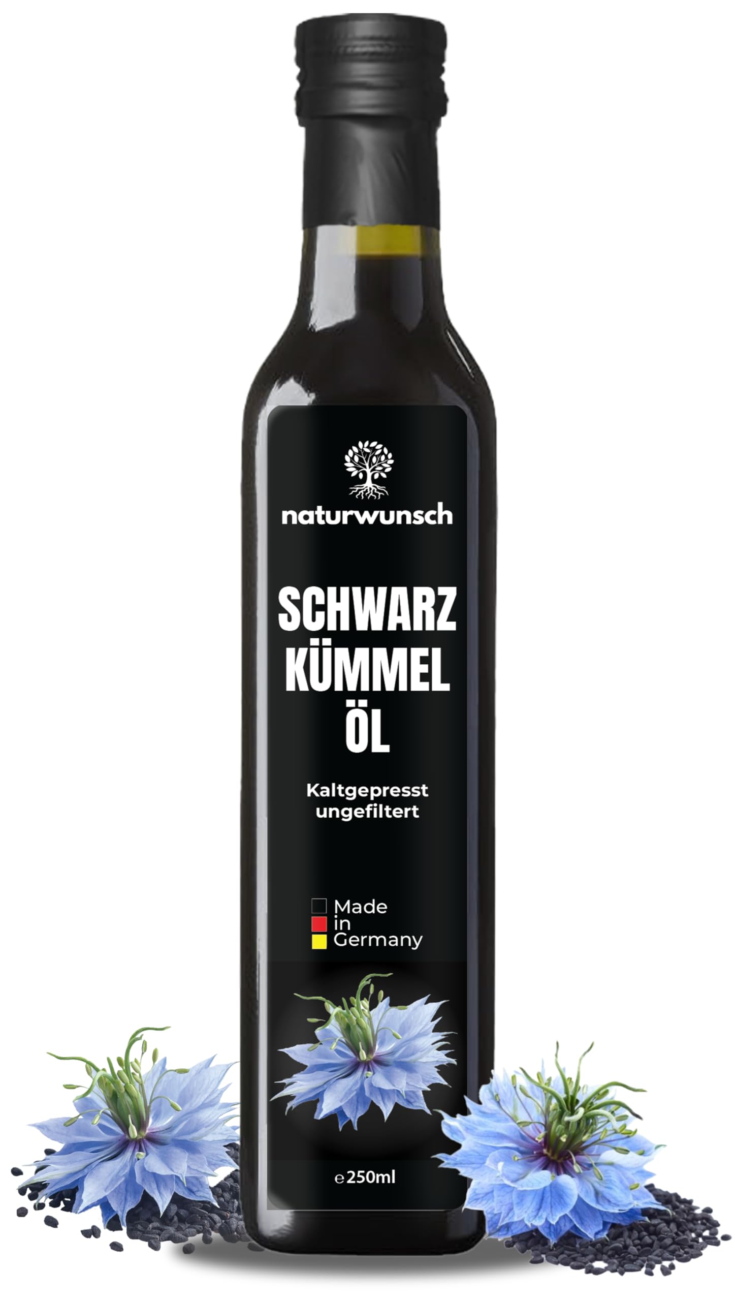 naturwunsch Huile de cumin noir 250 ml, non filtrée, pressée à froid, fraîche d'Allemagne, huile de nigelle sativa 100 % pure