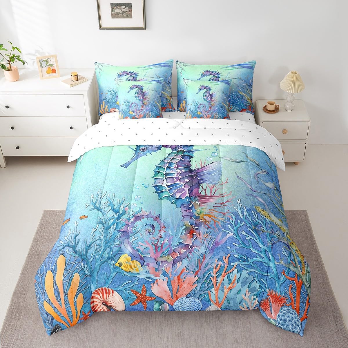Erosebridal Seahorse Bed in a Bag,3D Seahorse Printed 7 Pcs Comforter Set,Teal Ocean Animals Duvet Insert,Colorful Underwater World Sheet Set,Coastal Creature Sea Life Reversible Bedding Set,King