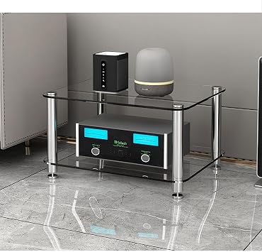 Media Stand Stereo Rack with 8mm Tempered Glass Shelves 1/2/3/4-Tier Video Audio Rack Media Shelf Audio-Visual Shelving for Living,Gaming,Recording RoomClear glass,2 tier