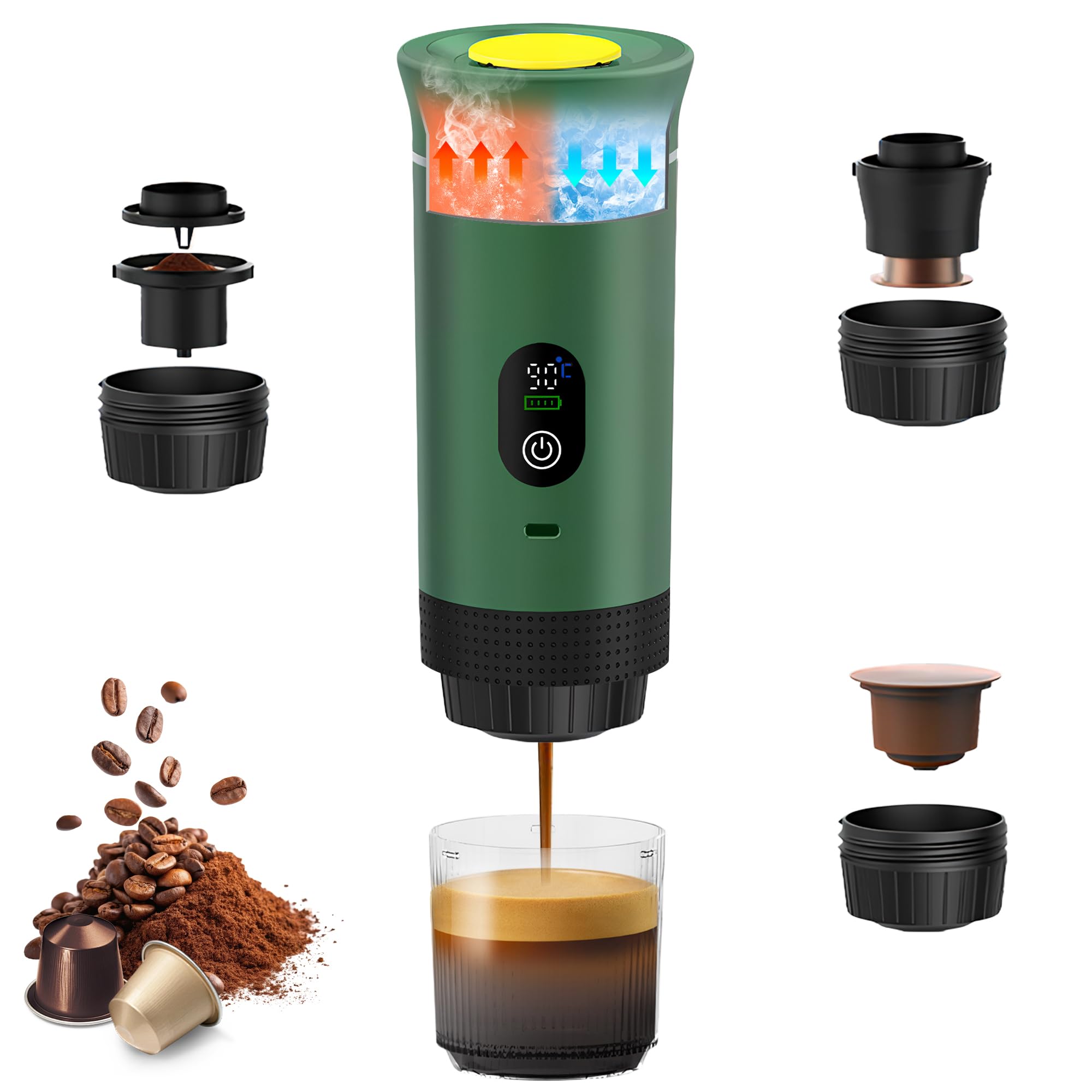 Bostar Máquina de Café Portátil con Pantalla Digital Temperatura, 3 en 1 Cafetera Espresso Eléctrica Portátil Cafetera para Camping Viaje Compatible con Cápsulas Pequeñas Grandes Café Molido-Verde