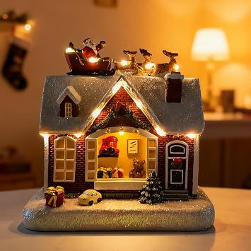 Christmas Village Houses Accessories-Snowy Collectible Buildings Decor - Reindeer Santa Sleigh with 13 LED Lights for Christmas Home Decor Gifts