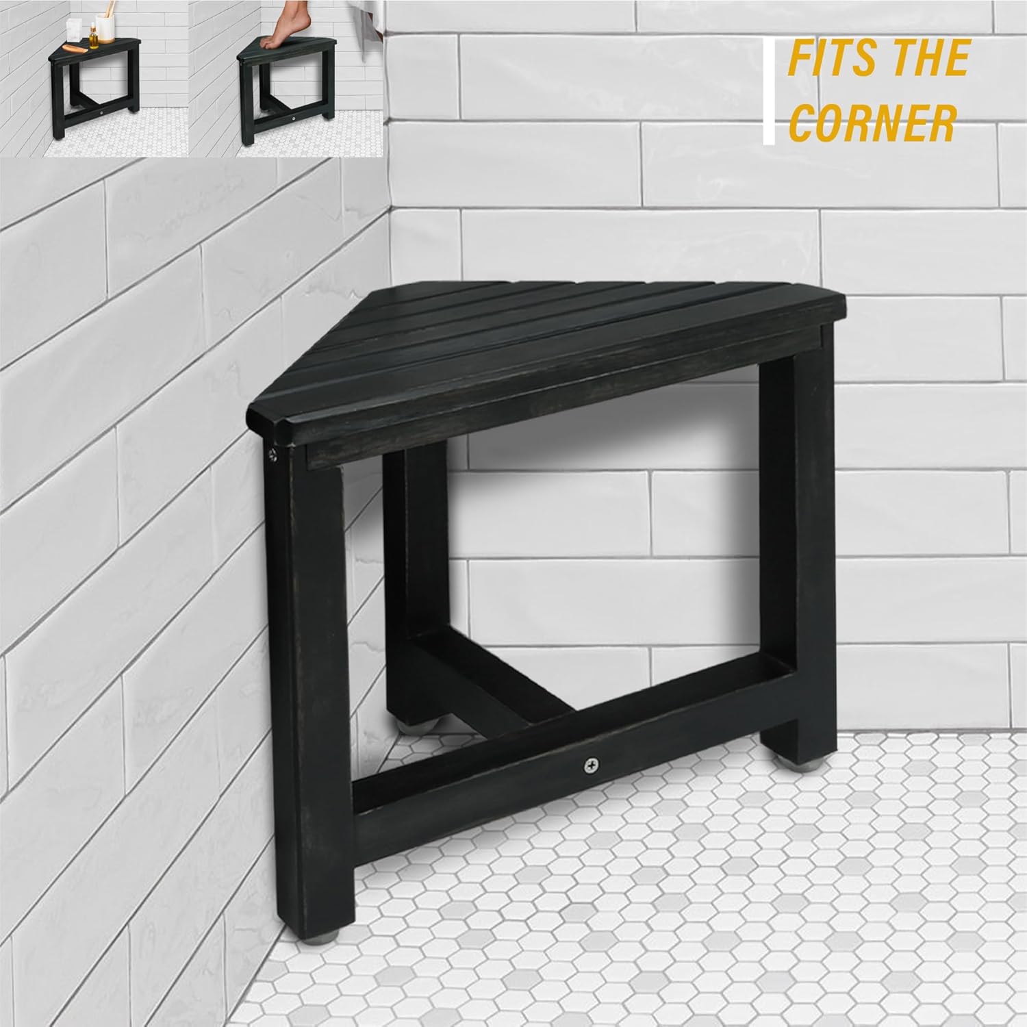 SENSUNIQ Shower Foot Rest for Shaving Legs | Rustic Black Triangle Bathroom Bench, 12 in x 14 in x 13.8 in, Wooden Shower Stool with 2-Tier Storage Shelf, Easy to Assemble
